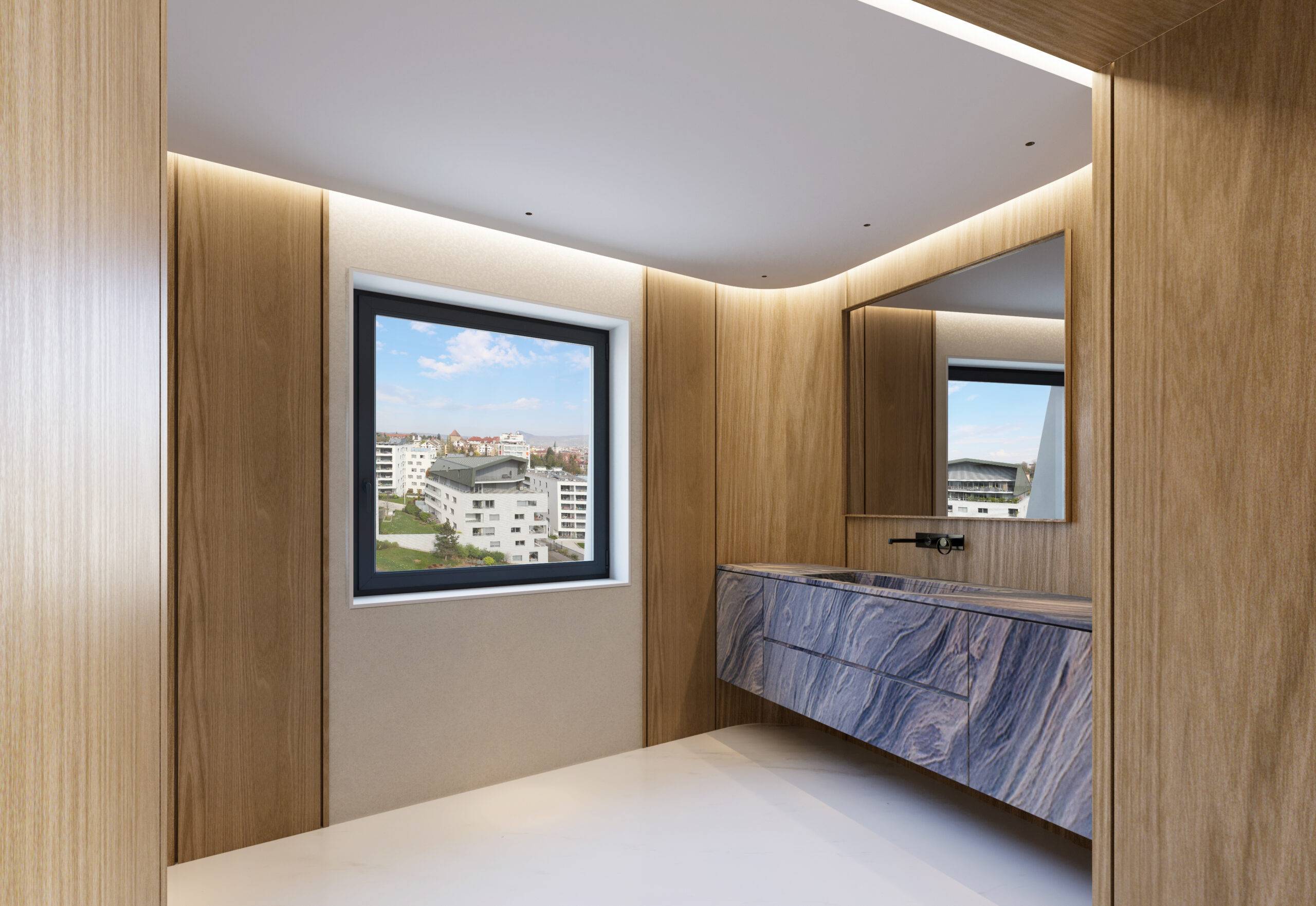 Perspective 3D d'une buanderie de luxe en attique avec fenêtre cadrant la ville d'Annecy, réalisation Beaux Travaux.