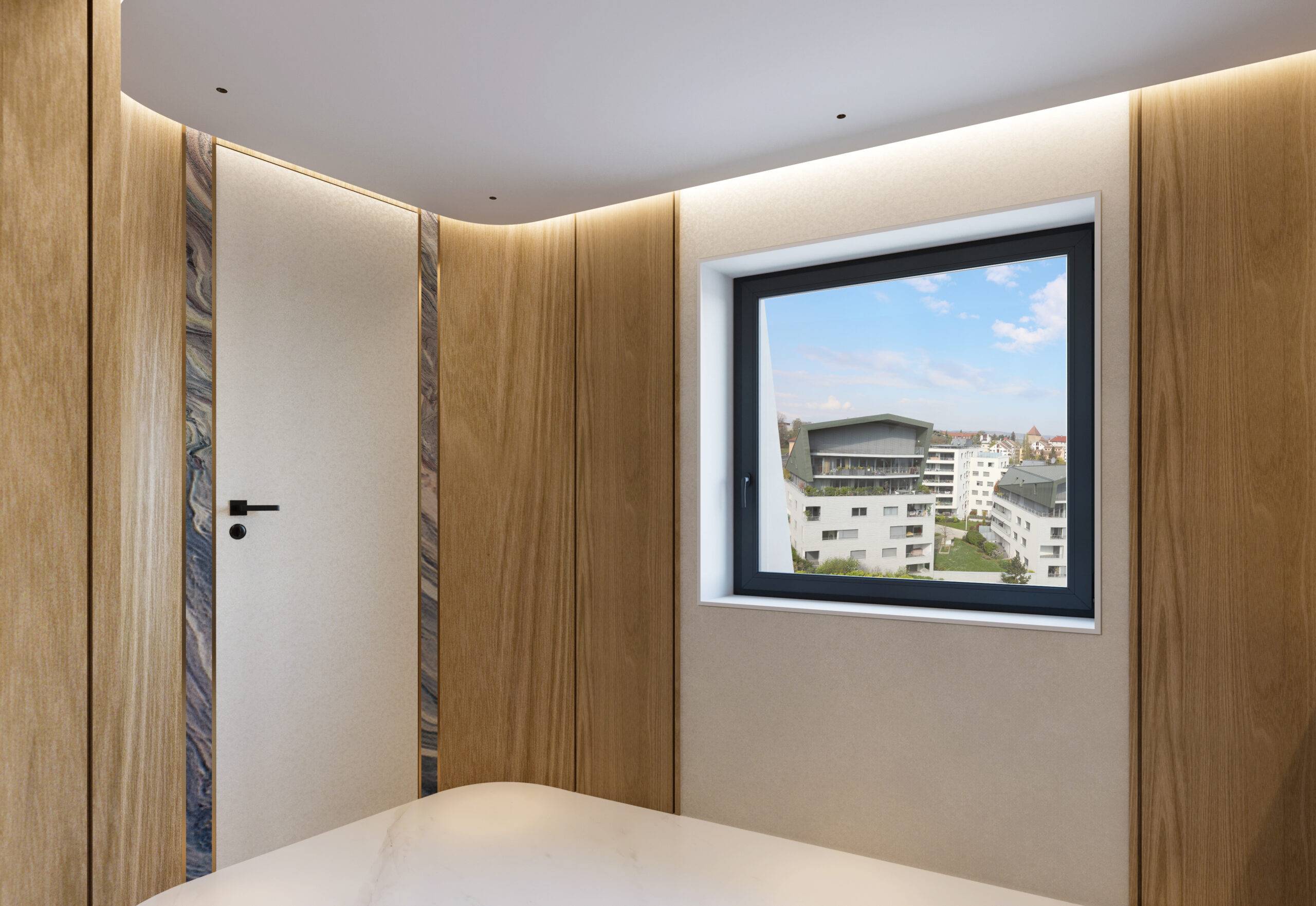 Perspective 3D d'un espace de service luxueux avec habillage mural en bois et fenêtre sur Annecy, projet Beaux Travaux.