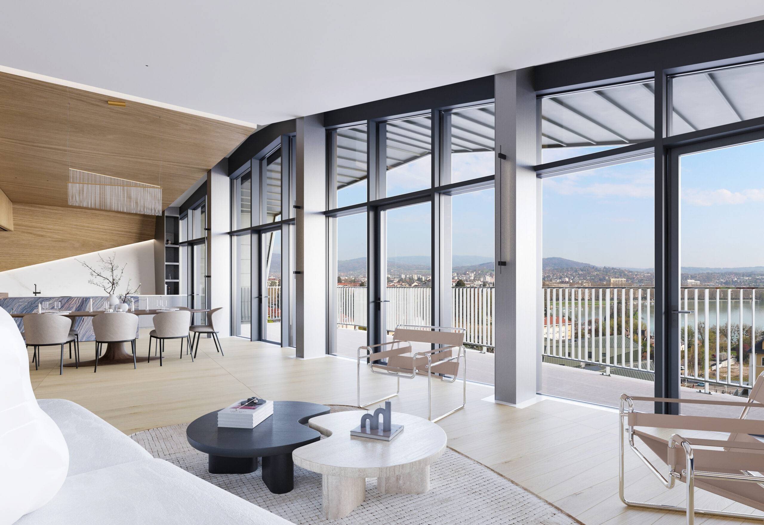 Perspective 3D d'un salon de luxe en attique aux Trésums à Annecy, révélant une architecture intérieure signée Beaux Travaux avec vue sur le lac.