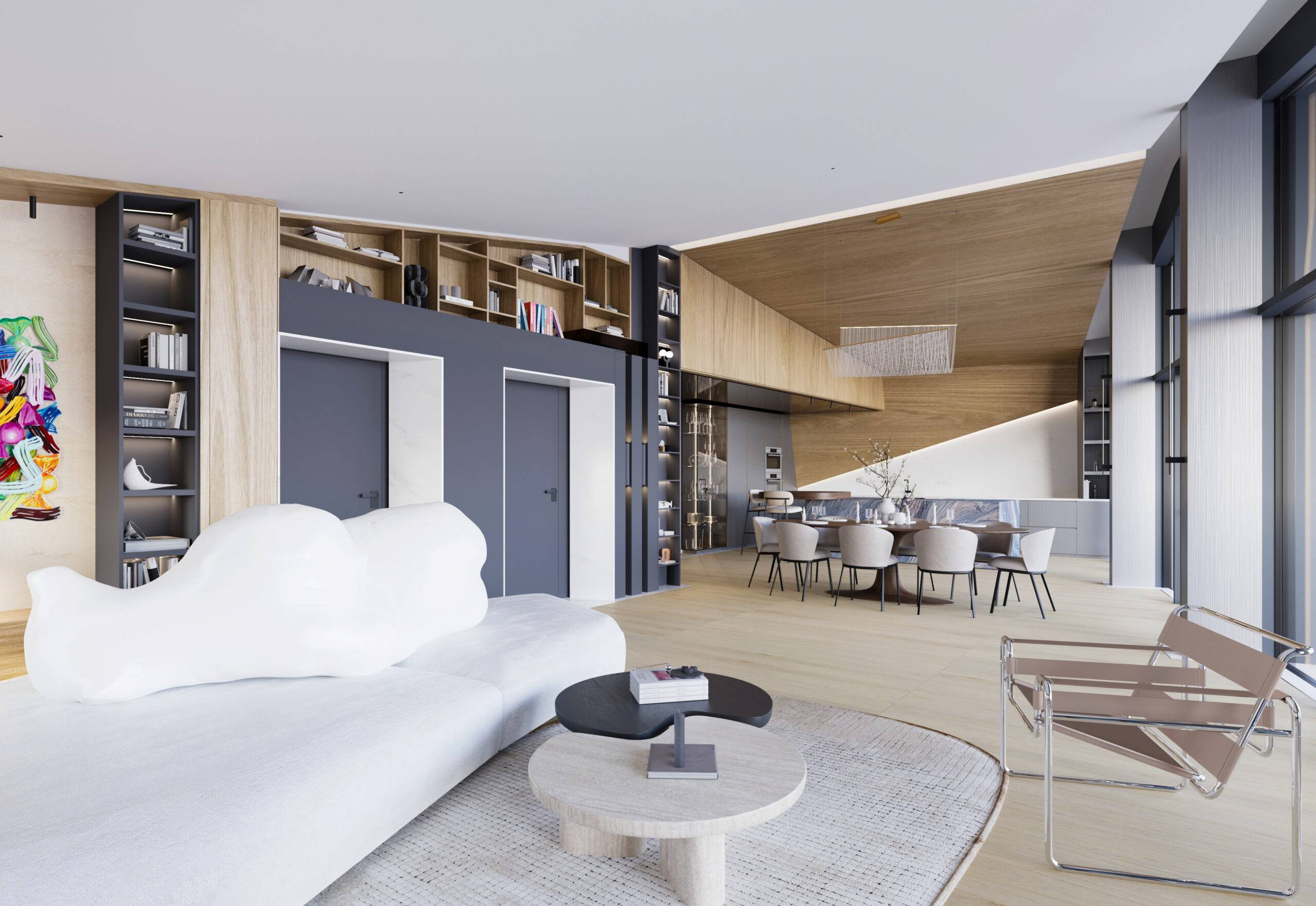 Perspective 3D intérieure montrant la salle à manger et une bibliothèque sur mesure au dernier étage des Trésums, projet Beaux Travaux à Annecy.