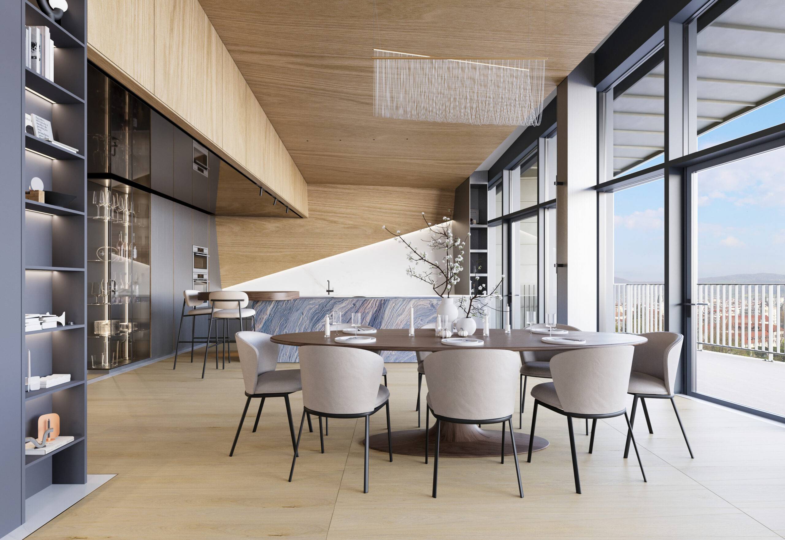 Perspective 3D d'un séjour aux Trésums montrant l'architecture en lignes brisées de Portzamparc et le design intérieur de Beaux Travaux face au lac d'Annecy.