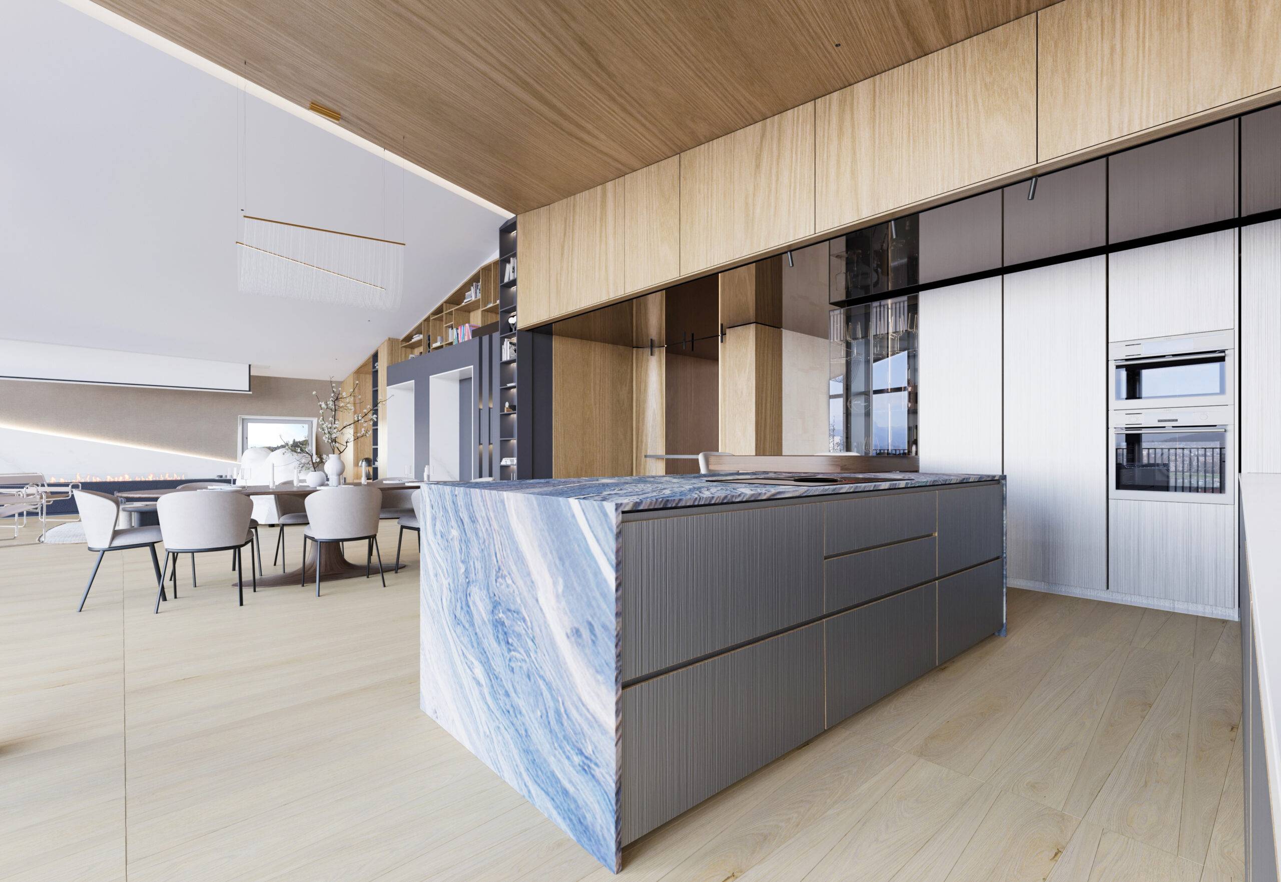 Perspective 3D d'une cuisine contemporaine haut de gamme avec îlot central en pierre bleue, design par Beaux Travaux pour un appartement aux Trésums.