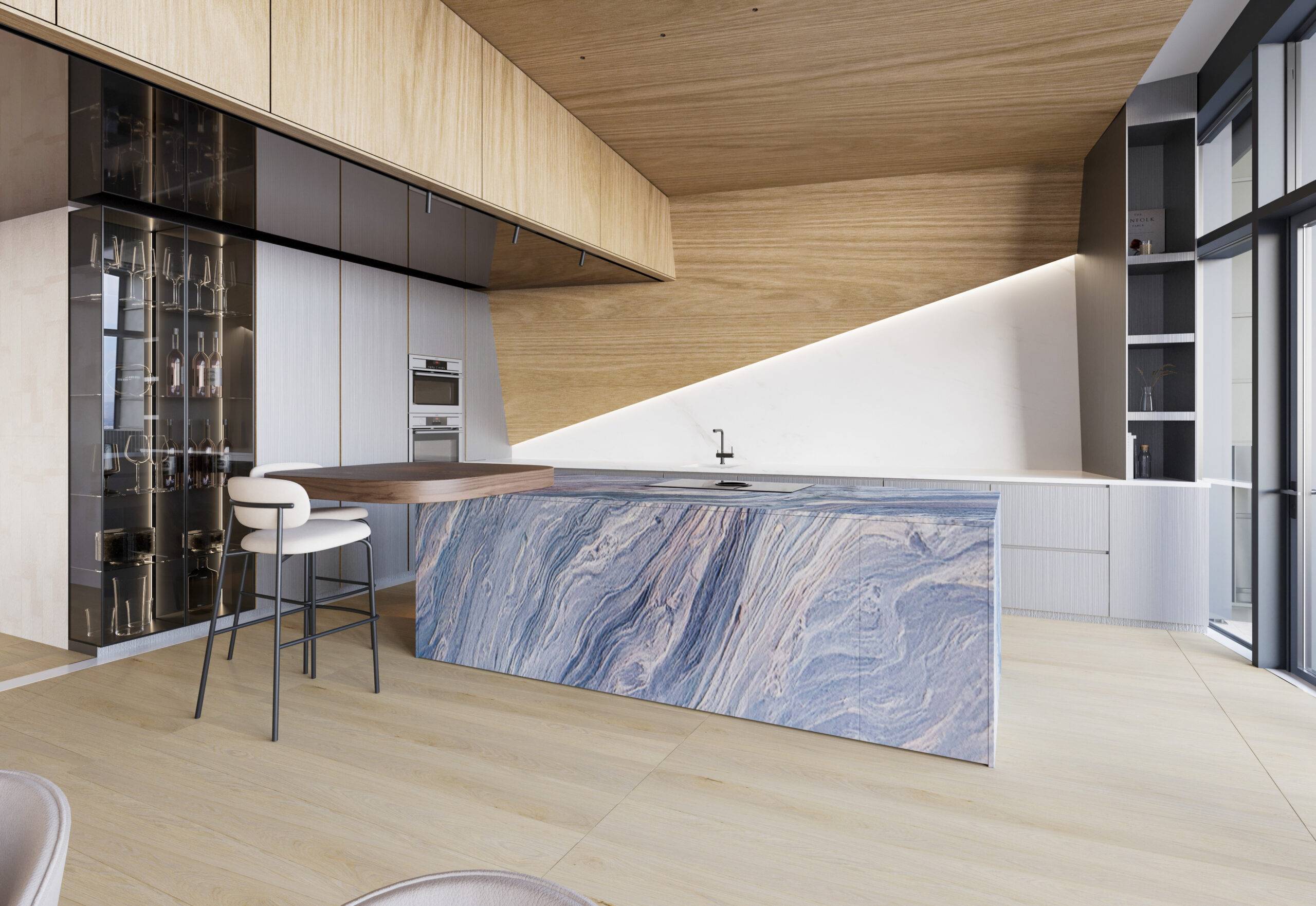 Perspective 3D rapprochée sur un îlot de cuisine en marbre bleu veiné, pièce maîtresse du projet Beaux Travaux dans cet appartement de luxe à Annecy.