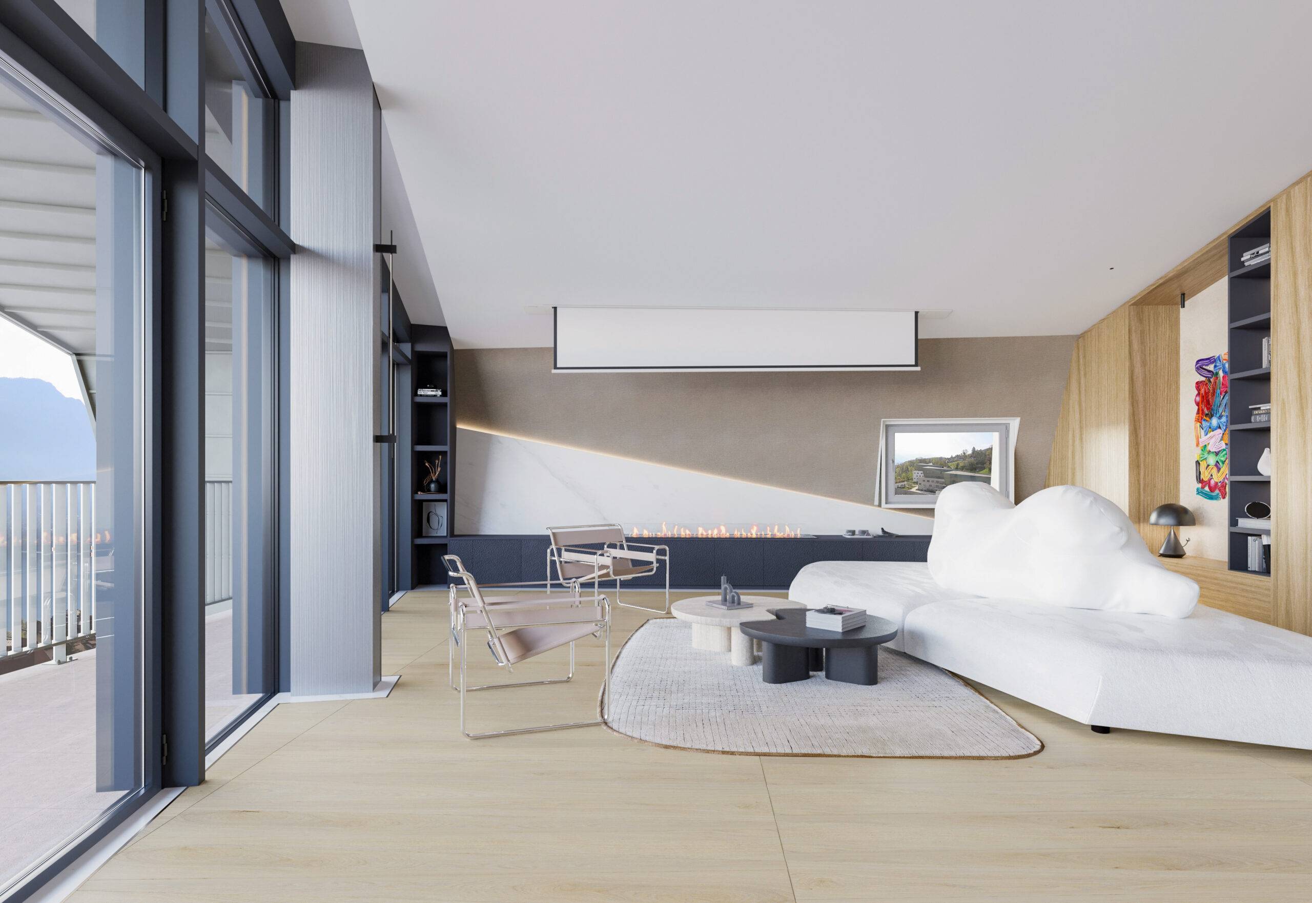 Perspective 3D d'un salon avec cheminée linéaire et mur d'accent rétroéclairé, design par Beaux Travaux pour un penthouse aux Trésums.