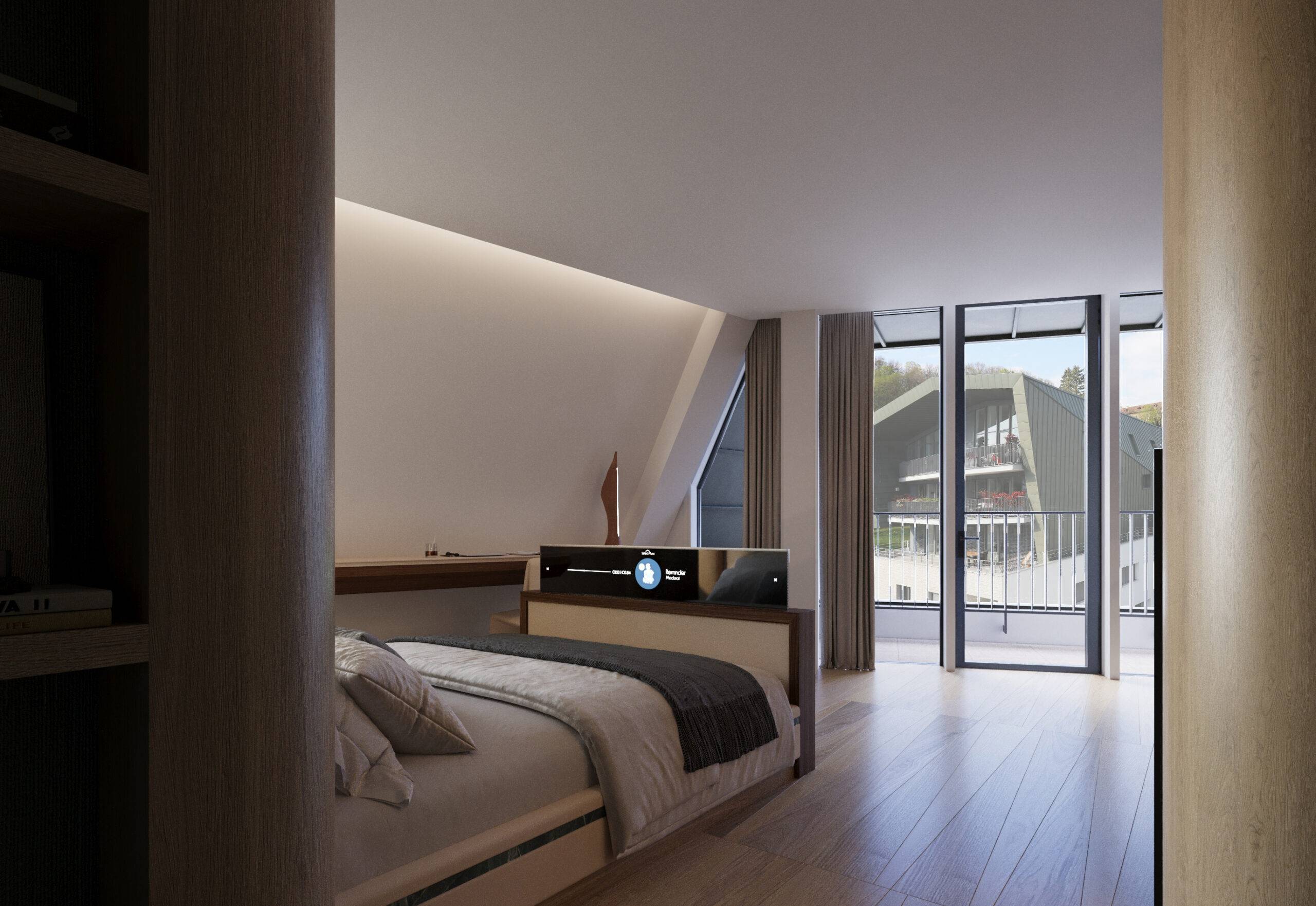 Perspective 3D d'une suite parentale design aux Trésums, avec large baie vitrée ouvrant sur un balcon et l'architecture de Portzamparc à Annecy.