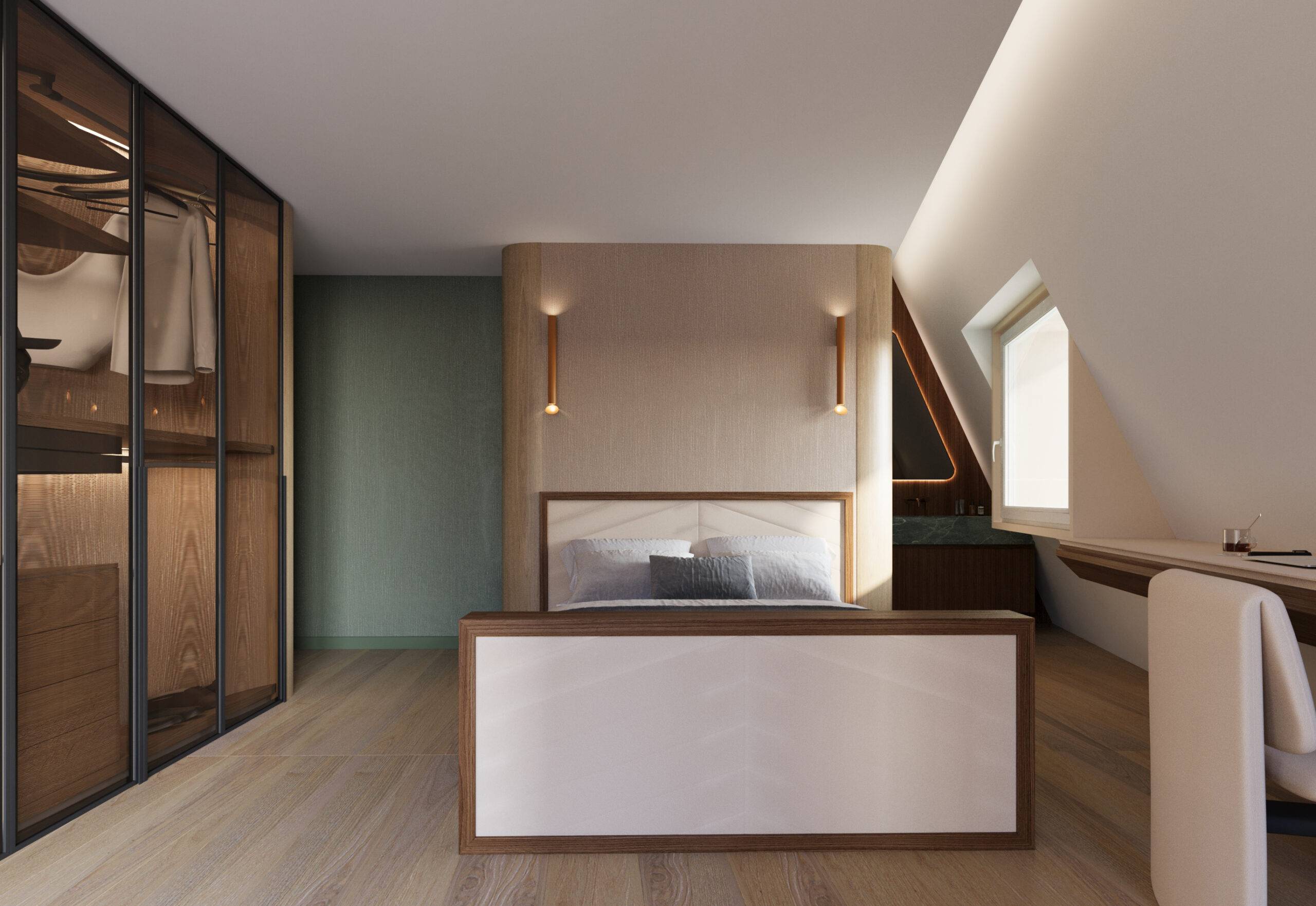 Perspective 3D intérieure d'une chambre de luxe avec tête de lit capitonnée et salle de bain intégrée en marbre vert, réalisation Beaux Travaux à Annecy.