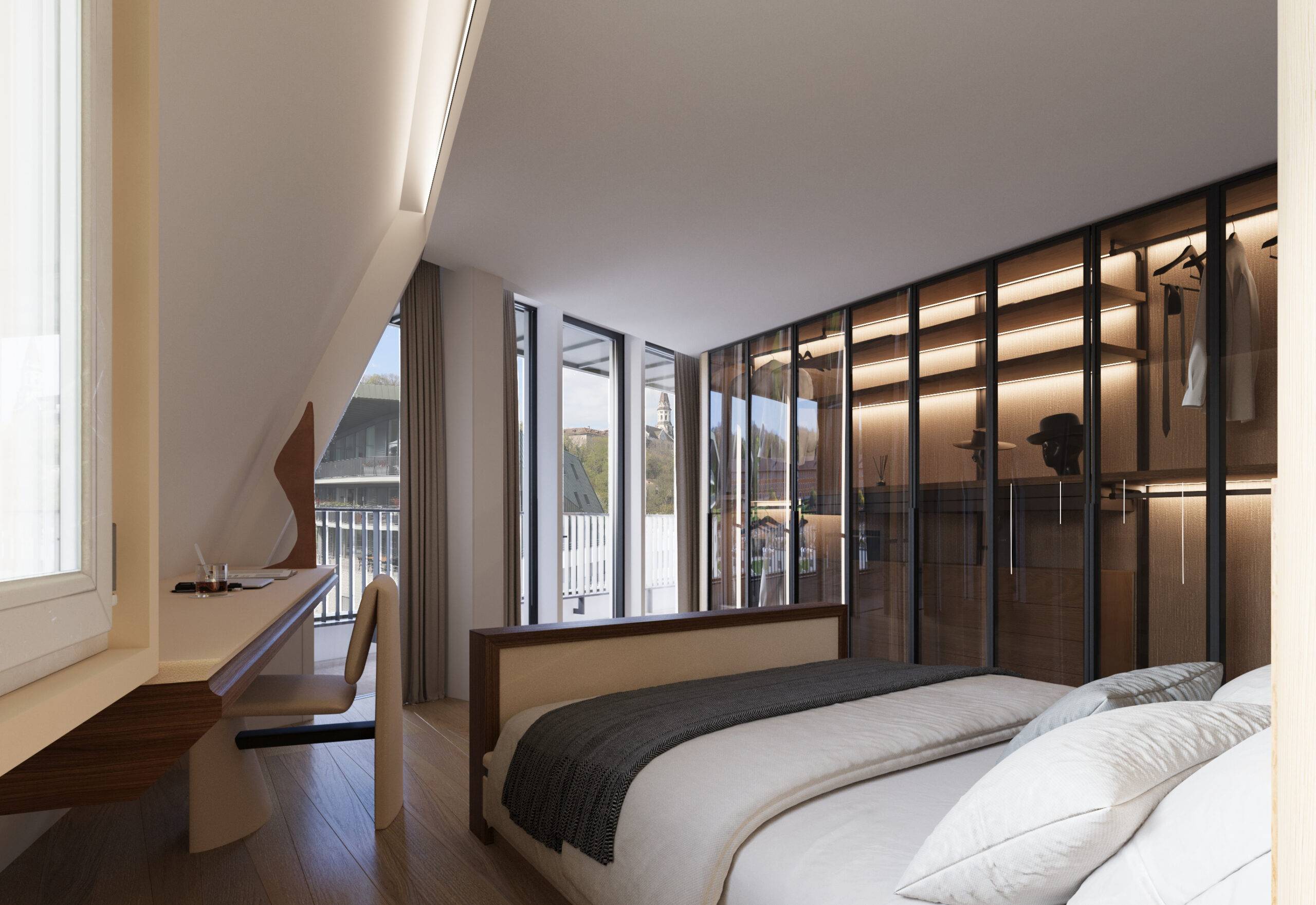 Perspective 3D d'un aménagement sur mesure comprenant un bureau et un dressing vitré dans un appartement aux Trésums à Annecy.