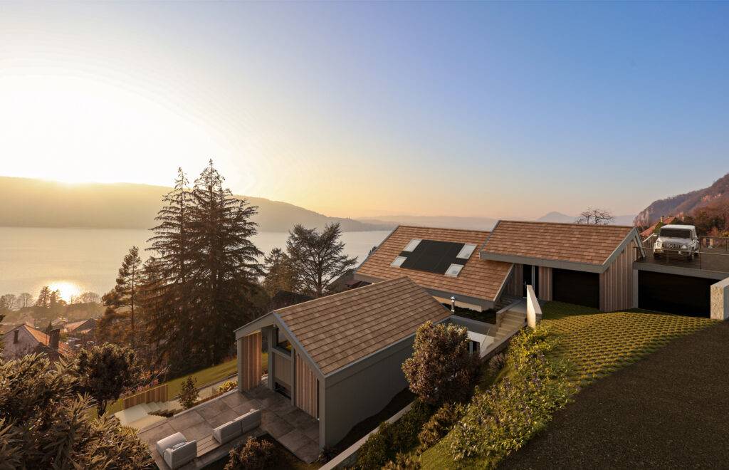 Perspective 3D d'une villa contemporaine à Veyrier-du-lac par Eden Home, avec toiture en tavaillons et vue panoramique sur le lac d'Annecy au crépuscule.
