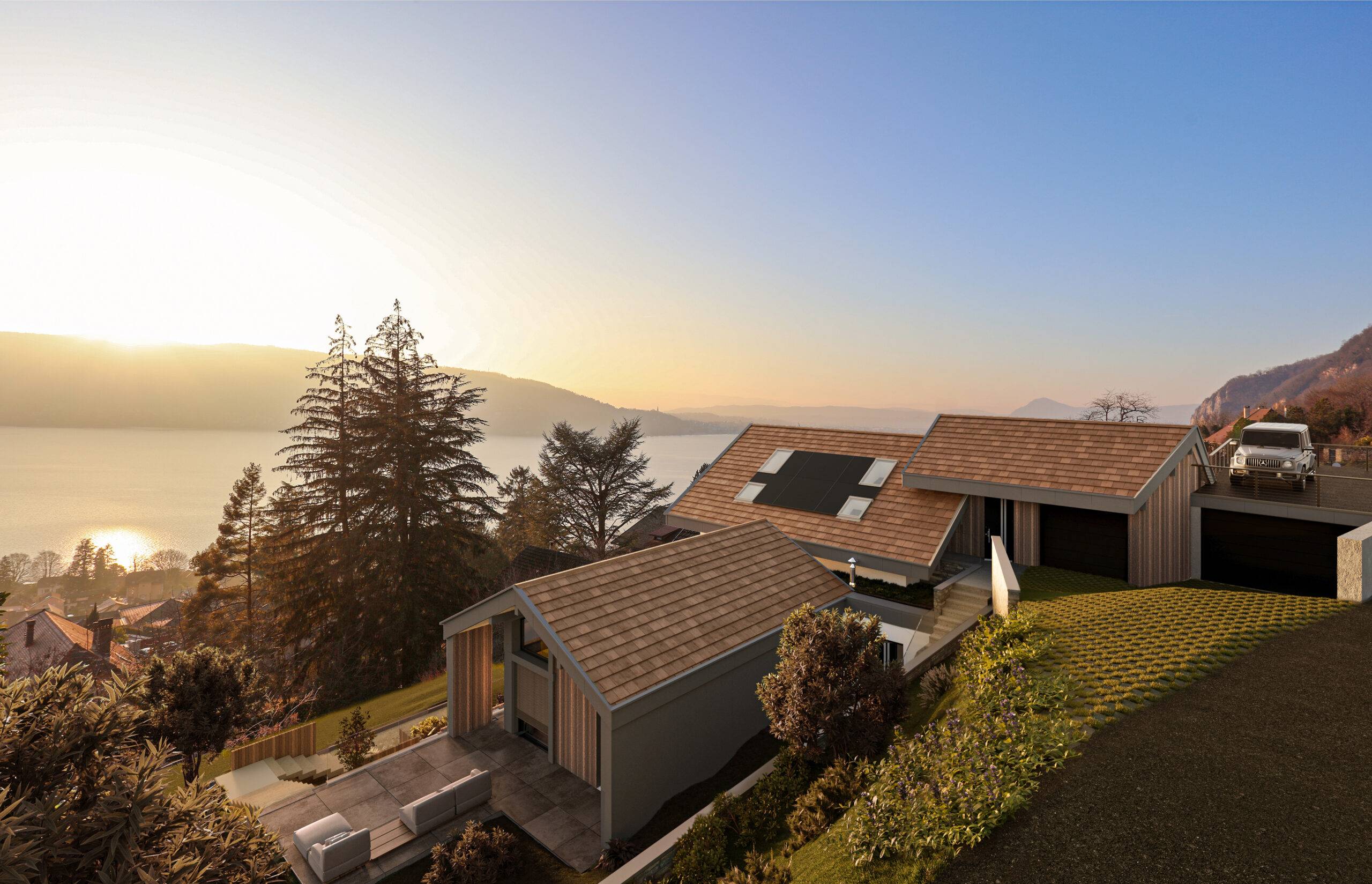Perspective 3D d'une villa contemporaine à Veyrier-du-lac par Eden Home, avec toiture en tavaillons et vue panoramique sur le lac d'Annecy au crépuscule.