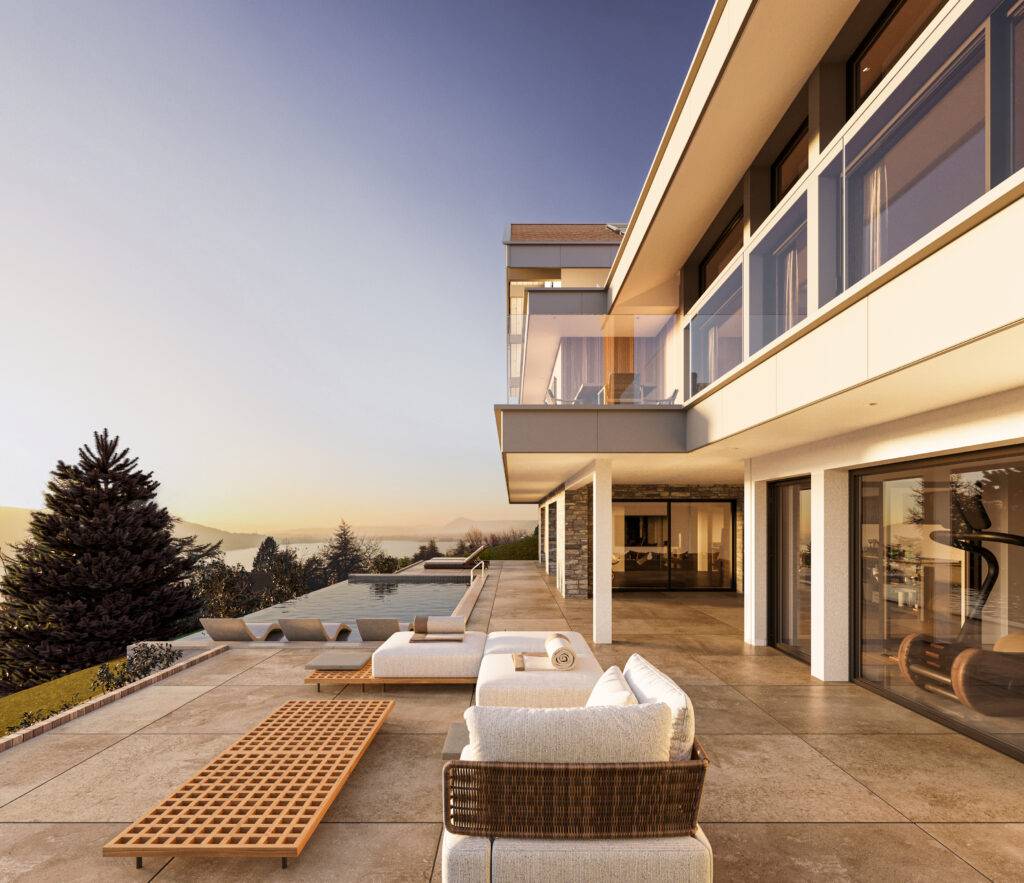Perspective 3D de la terrasse avec piscine à débordement et salon d'été, villa de prestige vendue par Charmille Immobilier à Veyrier-du-lac.