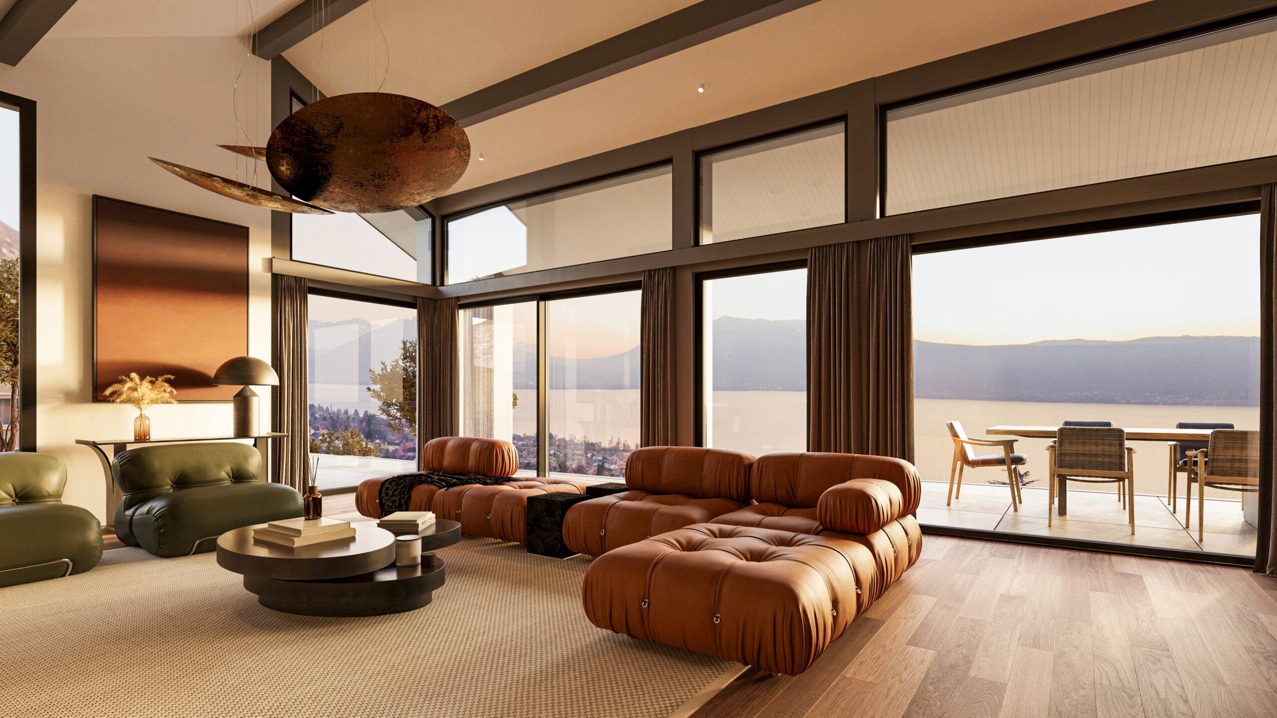 Perspective 3D intérieure d'un salon de luxe avec larges baies vitrées cadrant le lac d'Annecy, design par Eden Home à Veyrier-du-lac