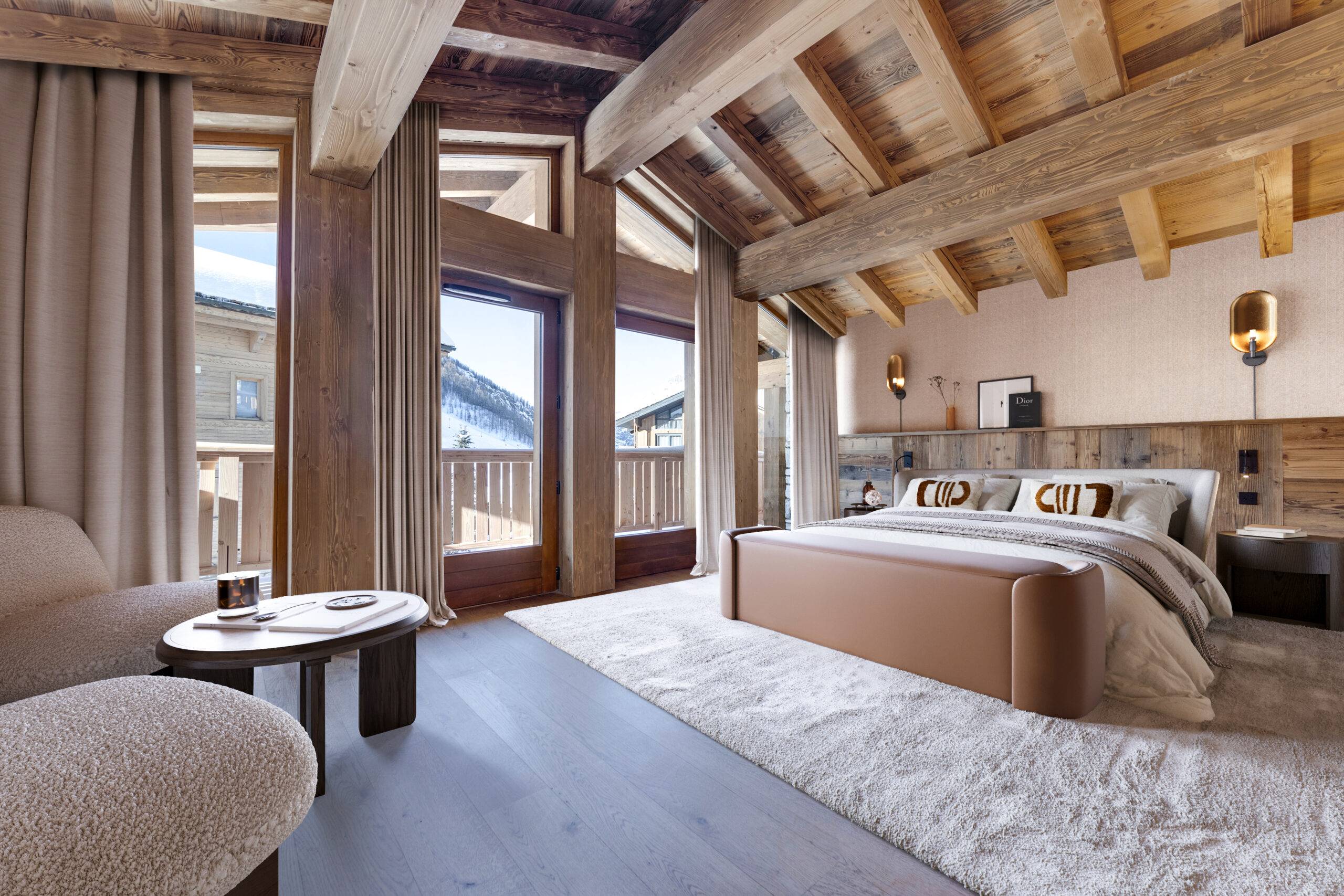 Interieur 3D chalet de luxe de la suite principale d'un chalet Cimalpes à Val d'Isère, visualisée avec élégance par Pierzo.