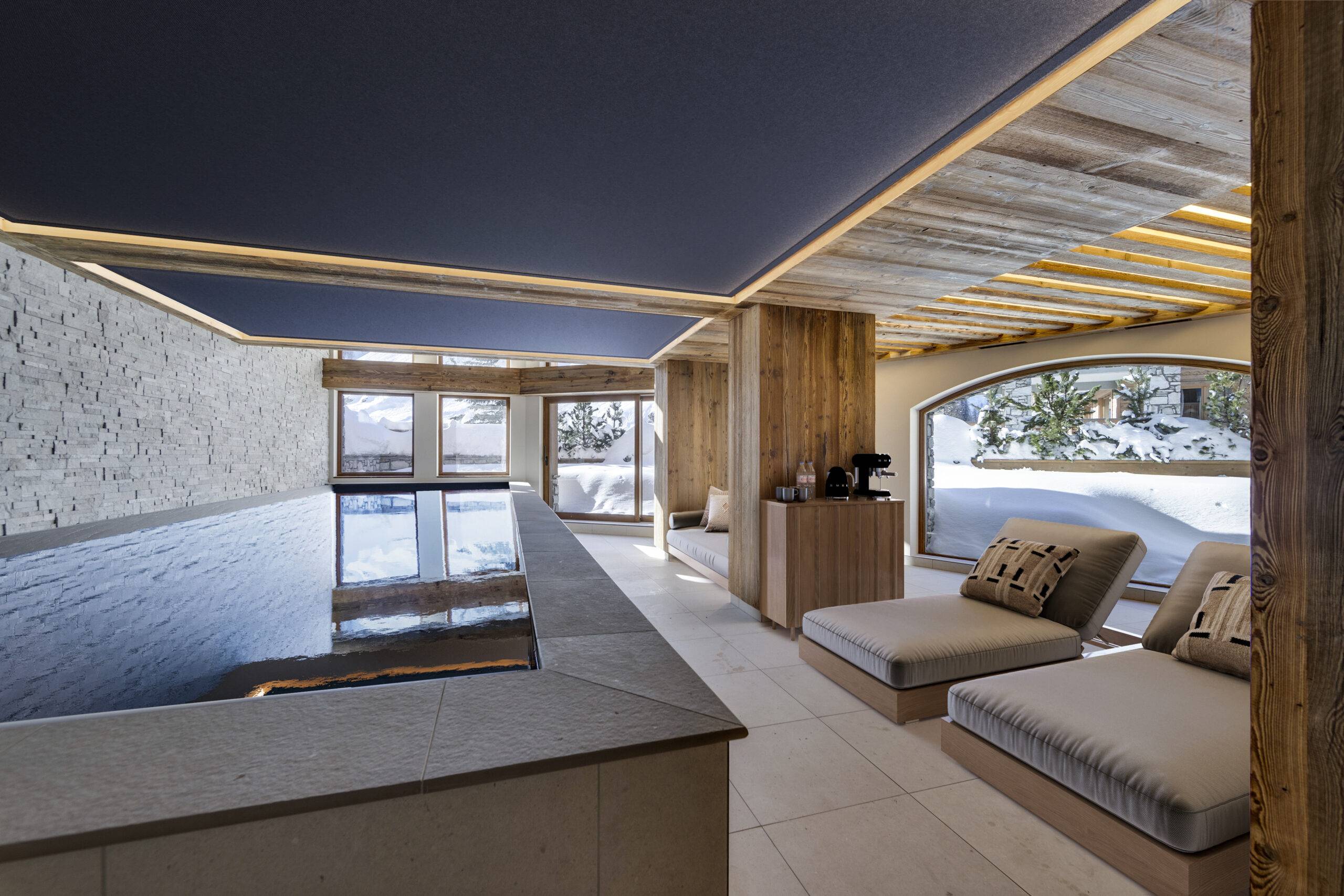 Visualisation 3D d'une piscine spa dans un chalet Cimalpes à Val d'Isère, illustrant un interieur 3D chalet de luxe exceptionnel par Pierzo.
