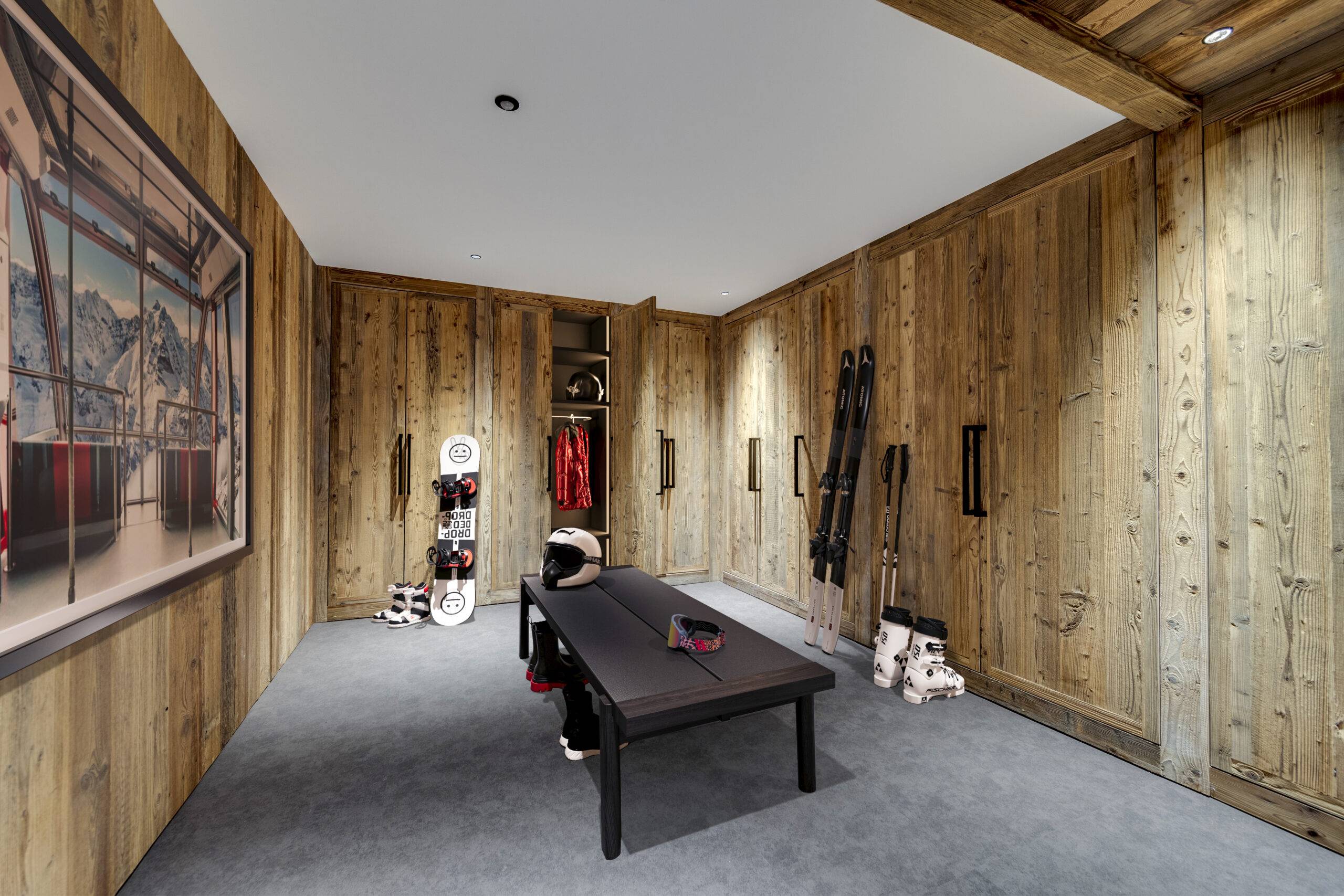 Interieur 3D chalet de luxe du ski room haut de gamme d'un chalet Cimalpes à Val d'Isère, rendu réaliste par Pierzo.