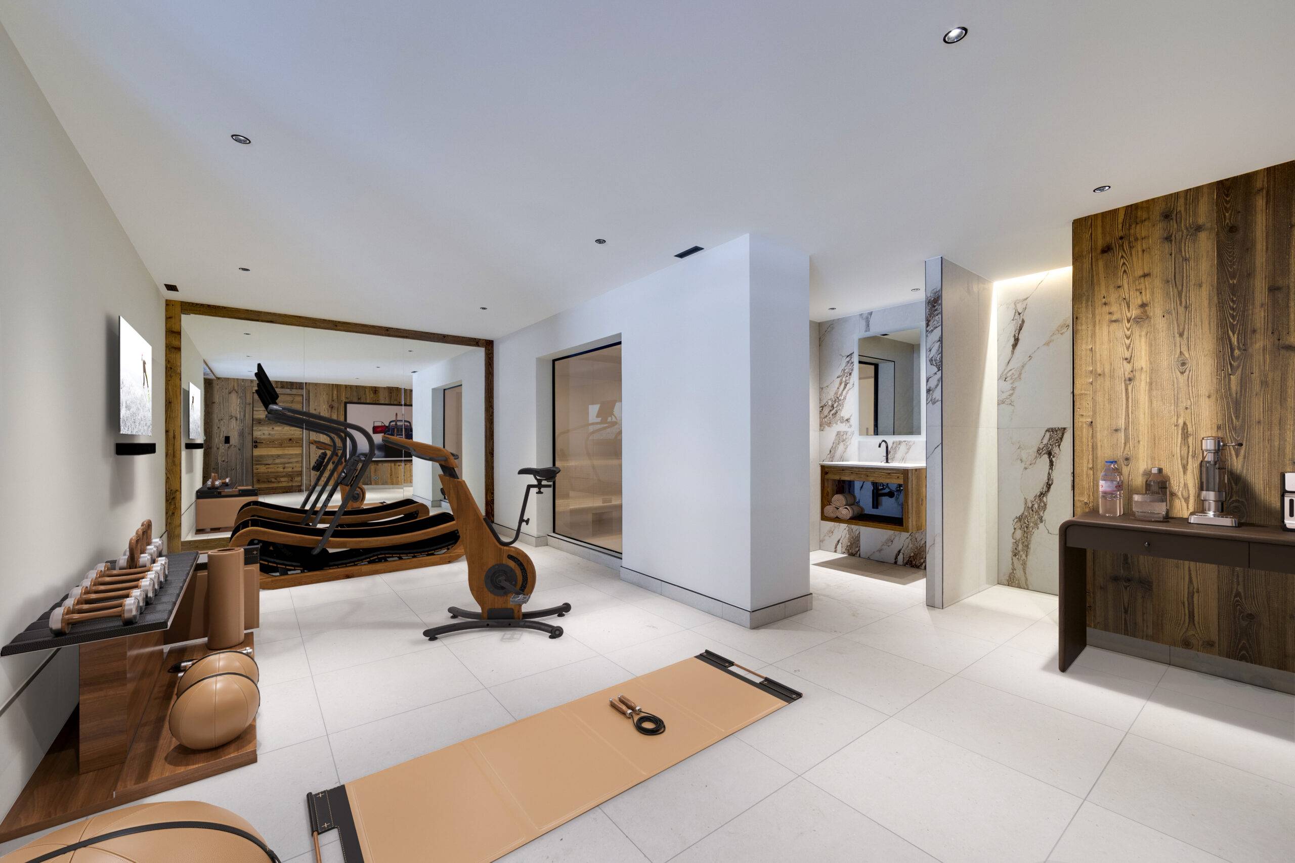 Interieur 3D chalet de luxe d'une salle de sport privée toute équipée dans un chalet Cimalpes à Val d'Isère, visualisée par Pierzo.