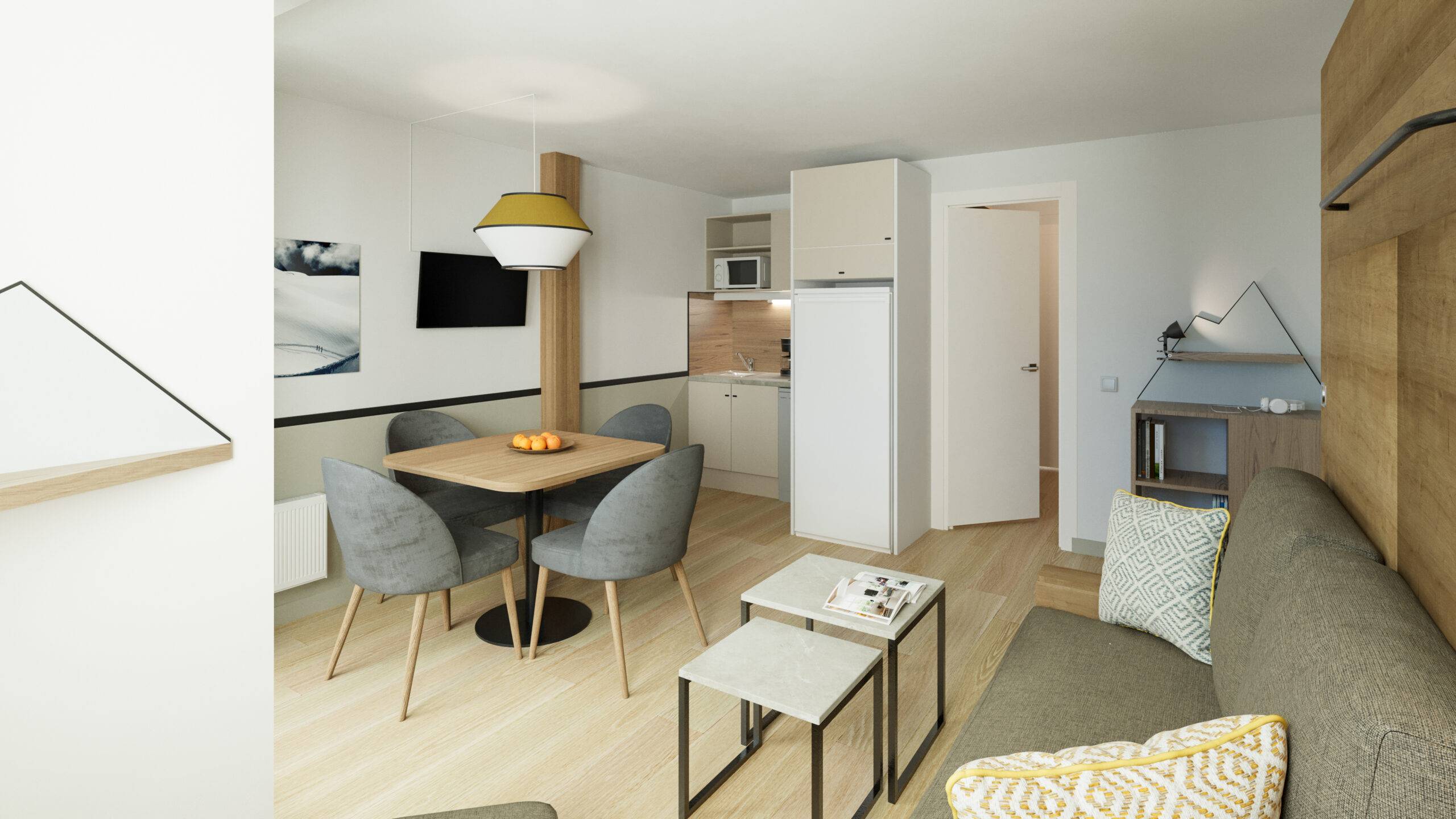 Rendu 3D appartement cuisine ouverte Pierre et Vacances Chamonix rénovation