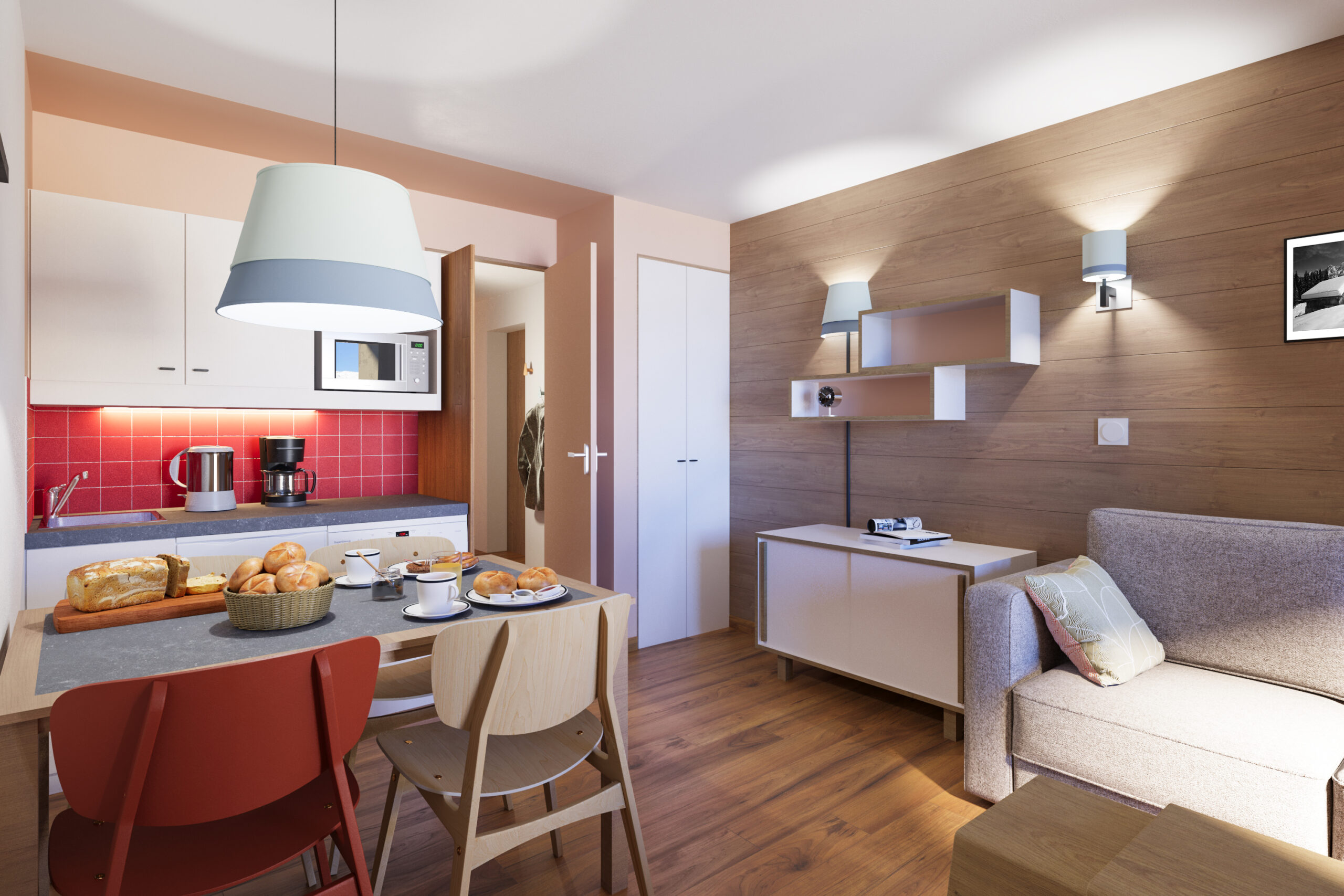 Perspective 3D appartement cuisine Pierre et Vacances rénovation carrelage rouge