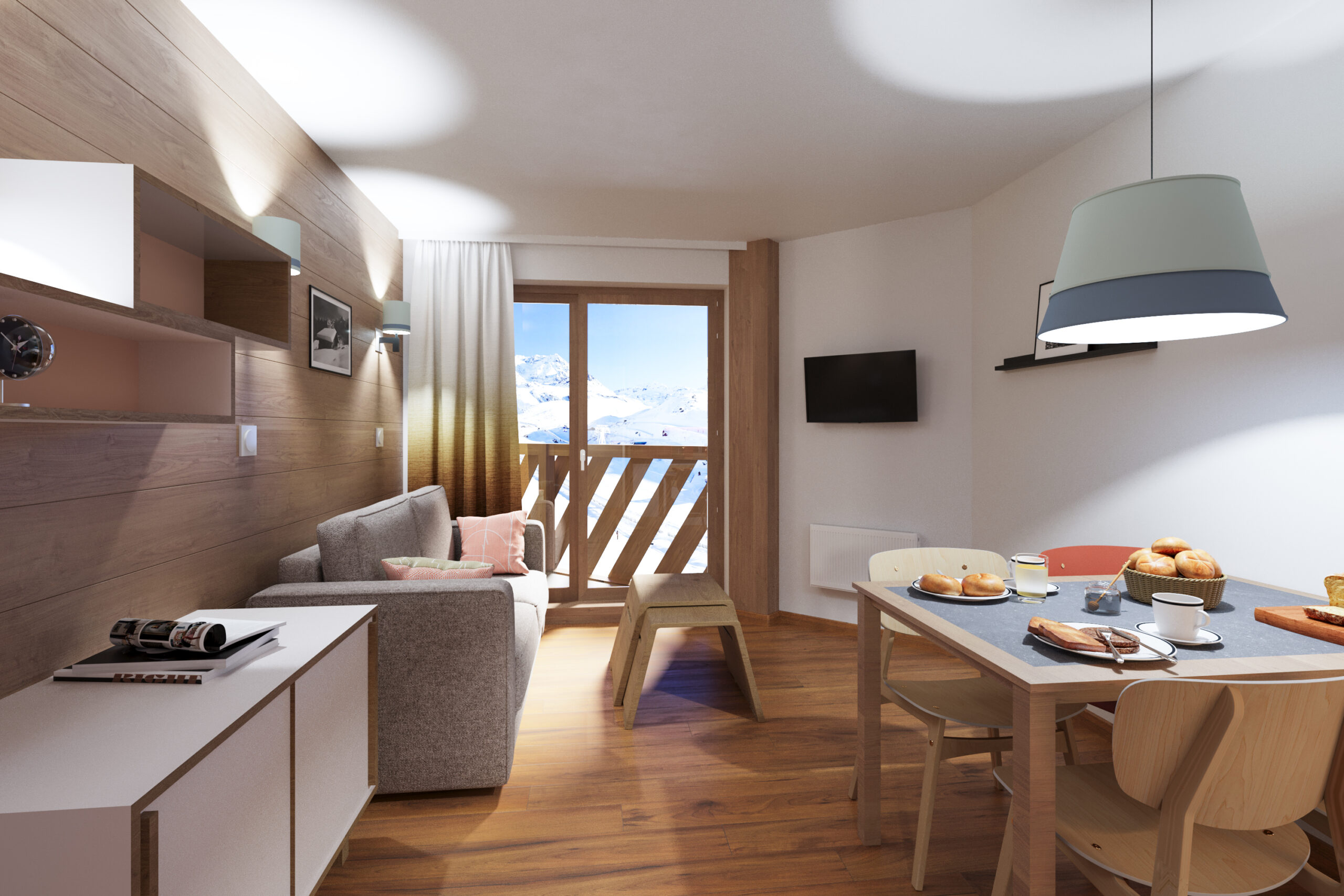 Perspective 3D appartement Pierre et Vacances ambiance bois moderne et rideaux dégradés