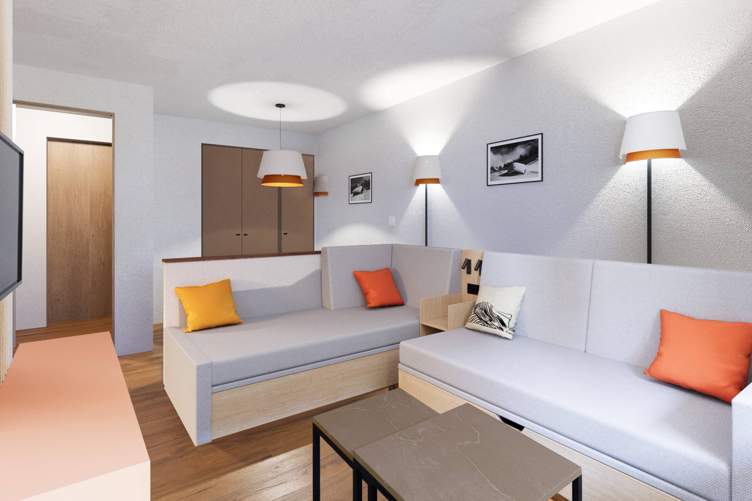 Perspective 3D appartement Pierre et Vacances Val Thorens vue montagne et bois