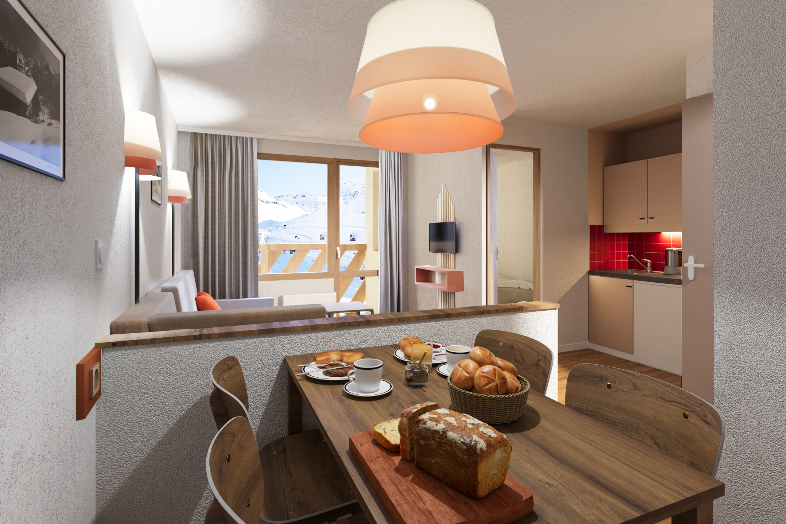 Perspective 3D appartement rénovation Pierre et Vacances cuisine rouge et bois