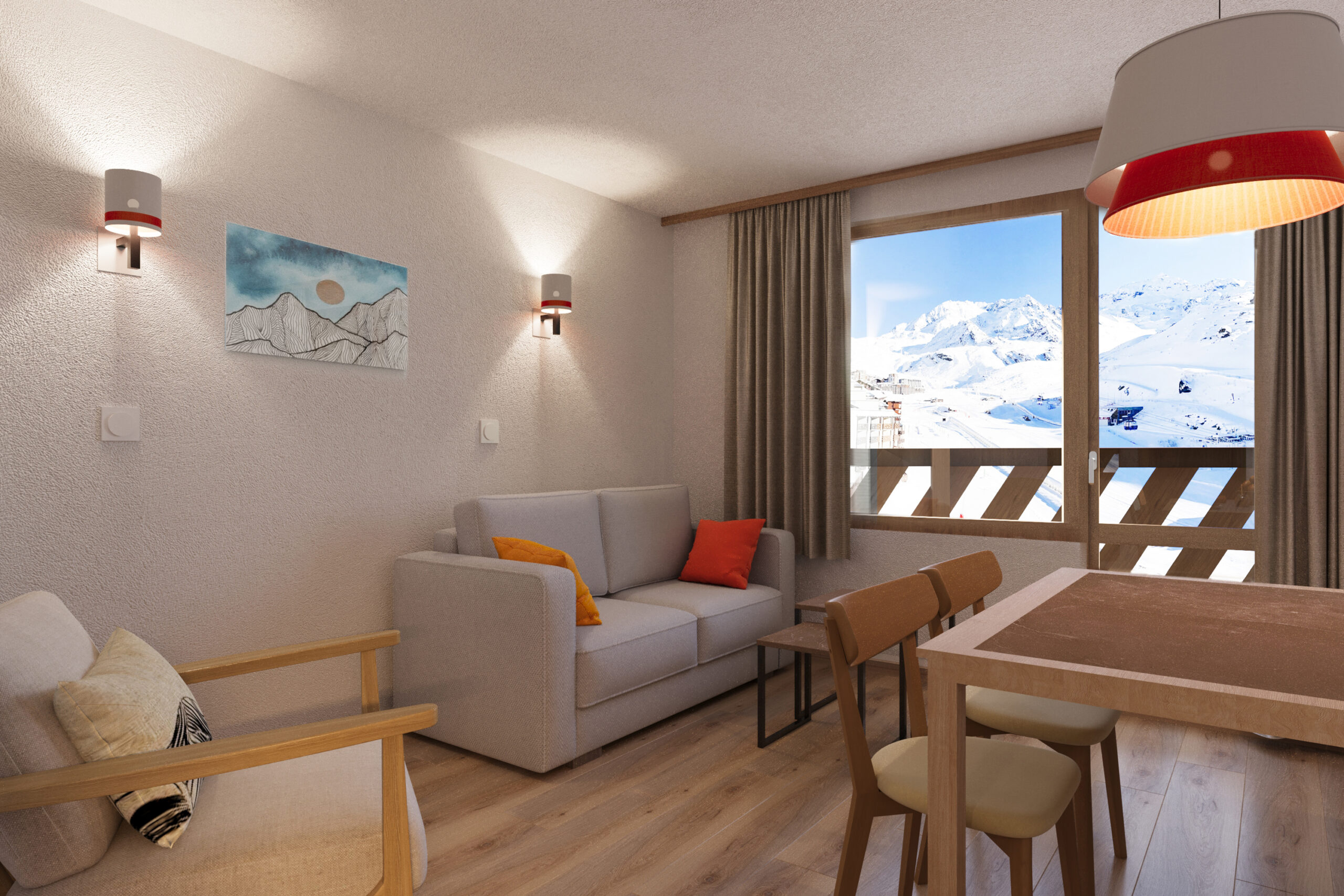 Perspective 3D appartement Pierre et Vacances Val Thorens vue montagne et bois