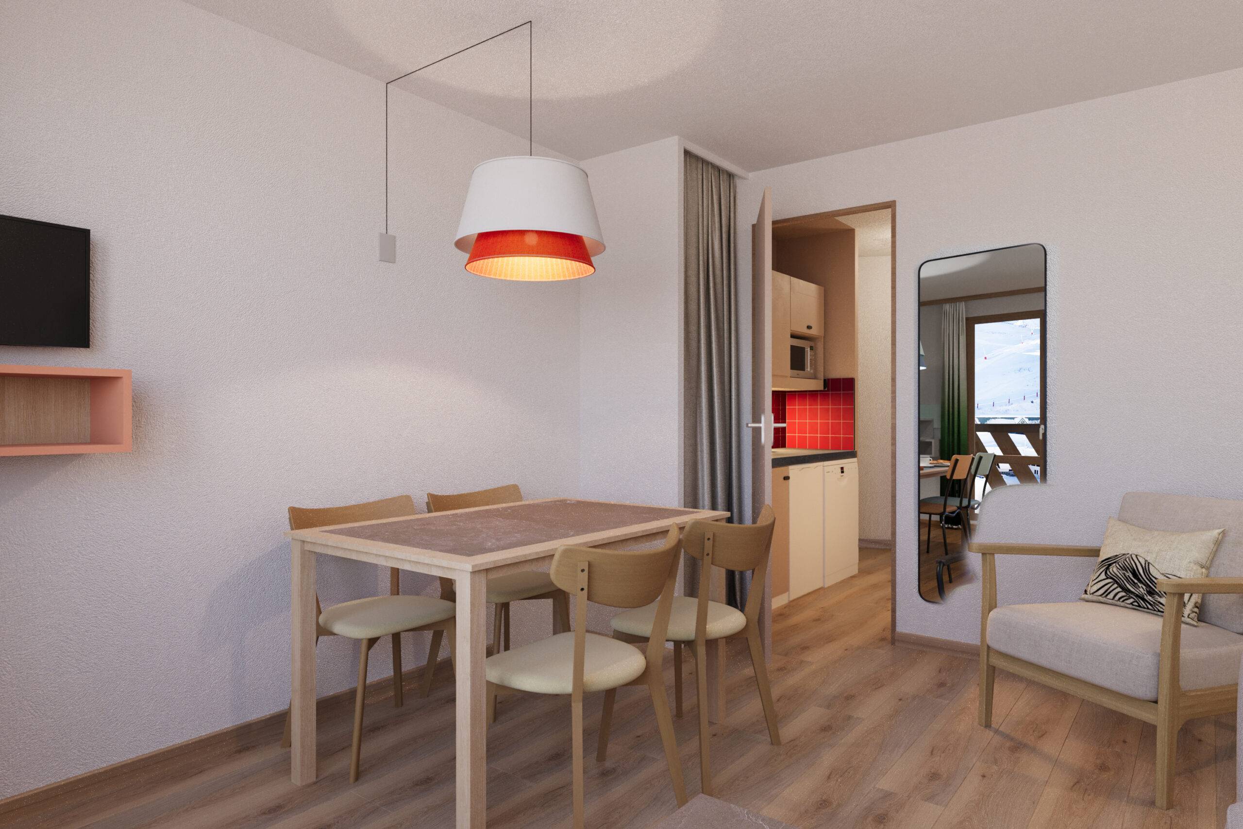 Perspective 3D appartement rénovation Pierre et Vacances cuisine rouge et bois