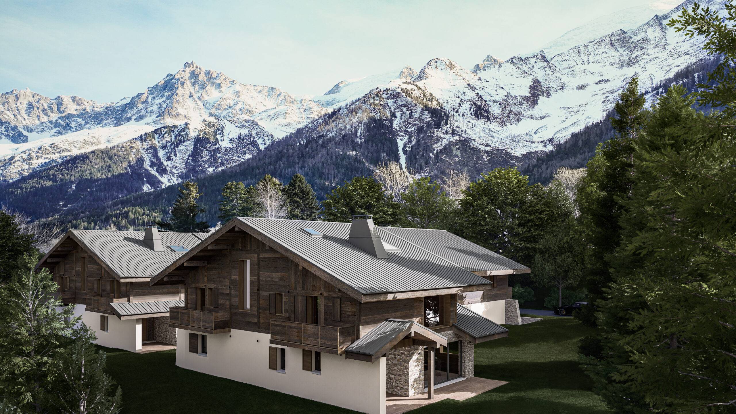 Visualisation 3D chamonix chalet vue massif Mont Blanc jour Groupe Rizzo Pierzo