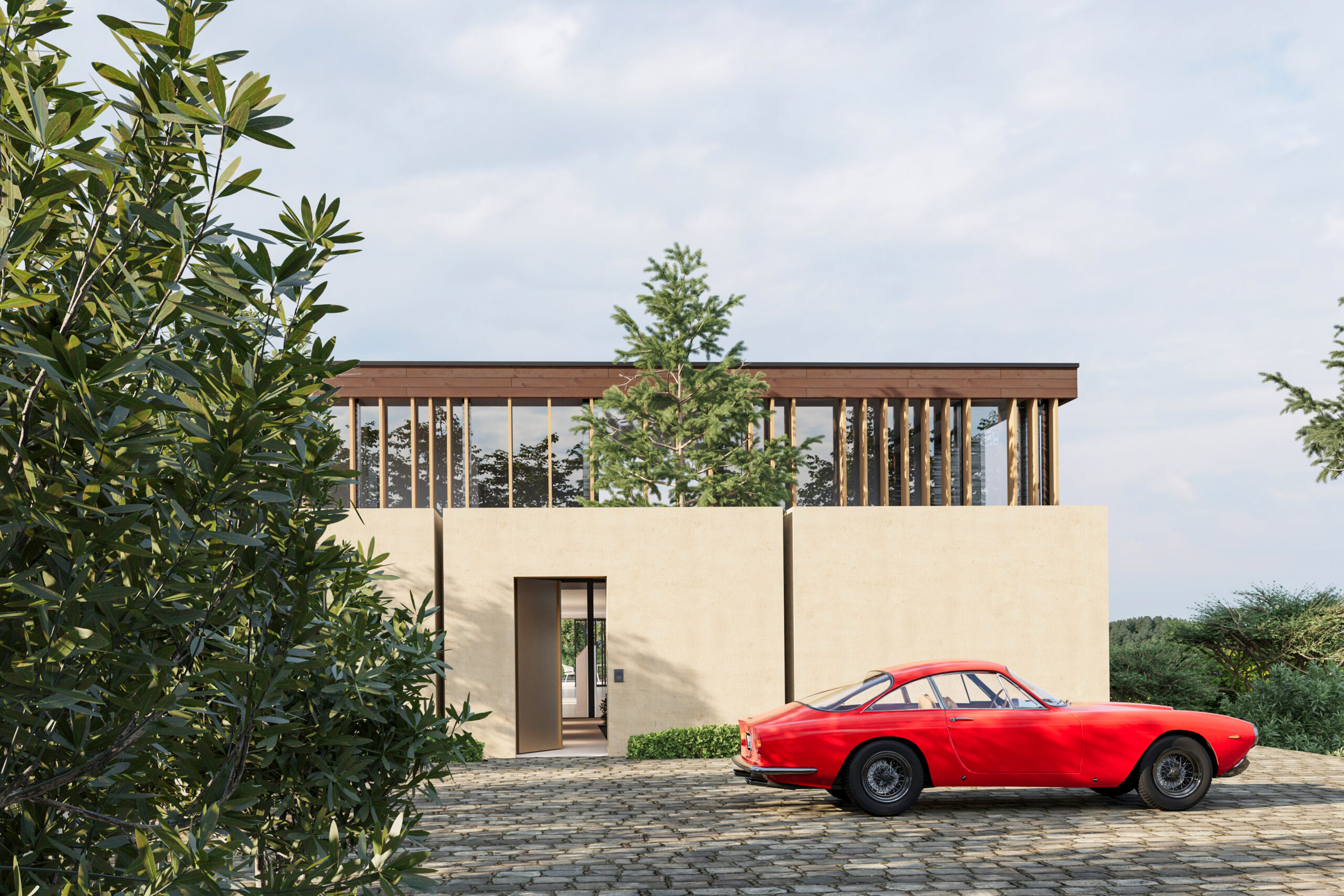 Visualisation 3D villa luxe inspiration Oppenheim Architecture avec Ferrari rouge par Pierzo