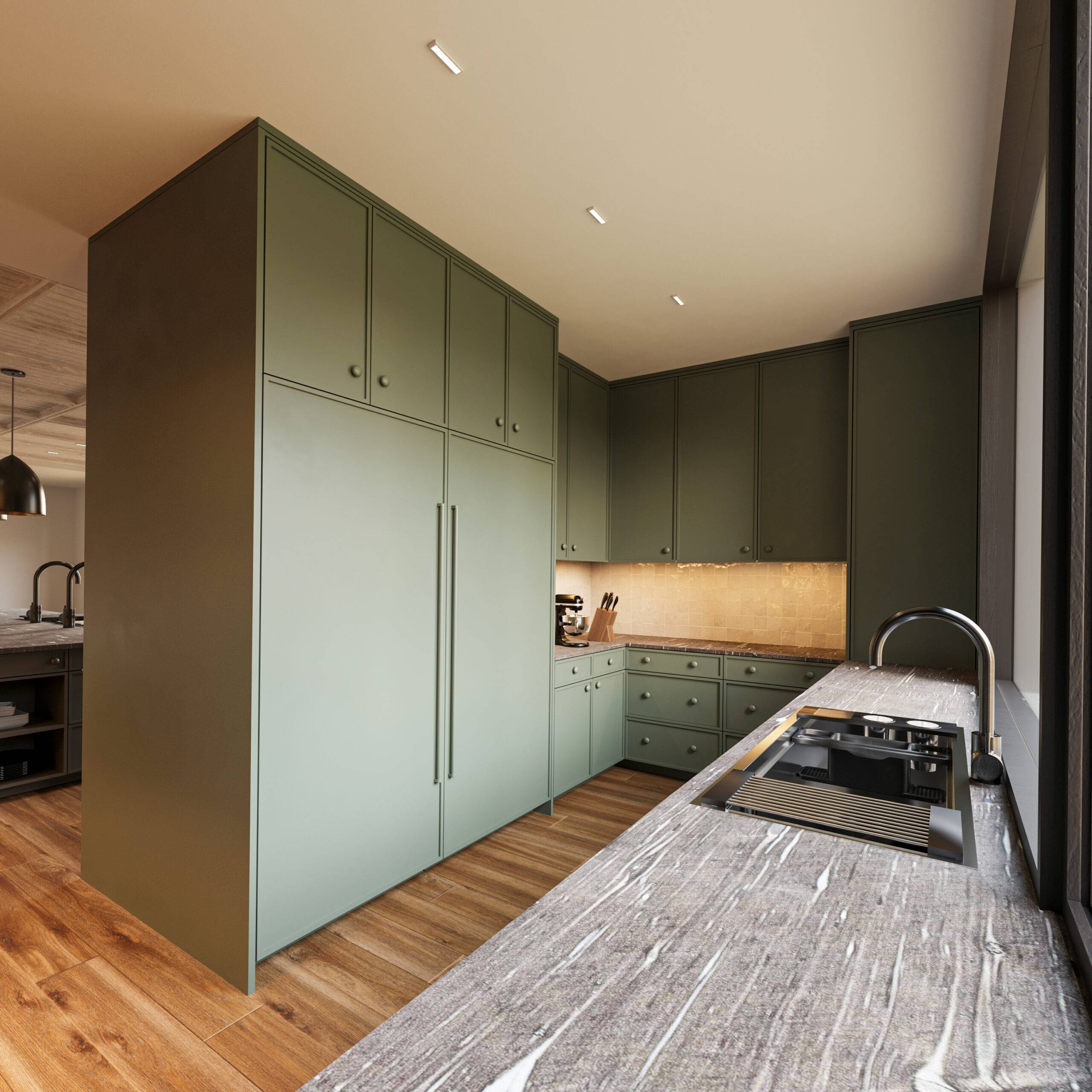 Visualisation 3D cuisine meubles vert sauge intégrés et évier sous fenêtre Pierzo