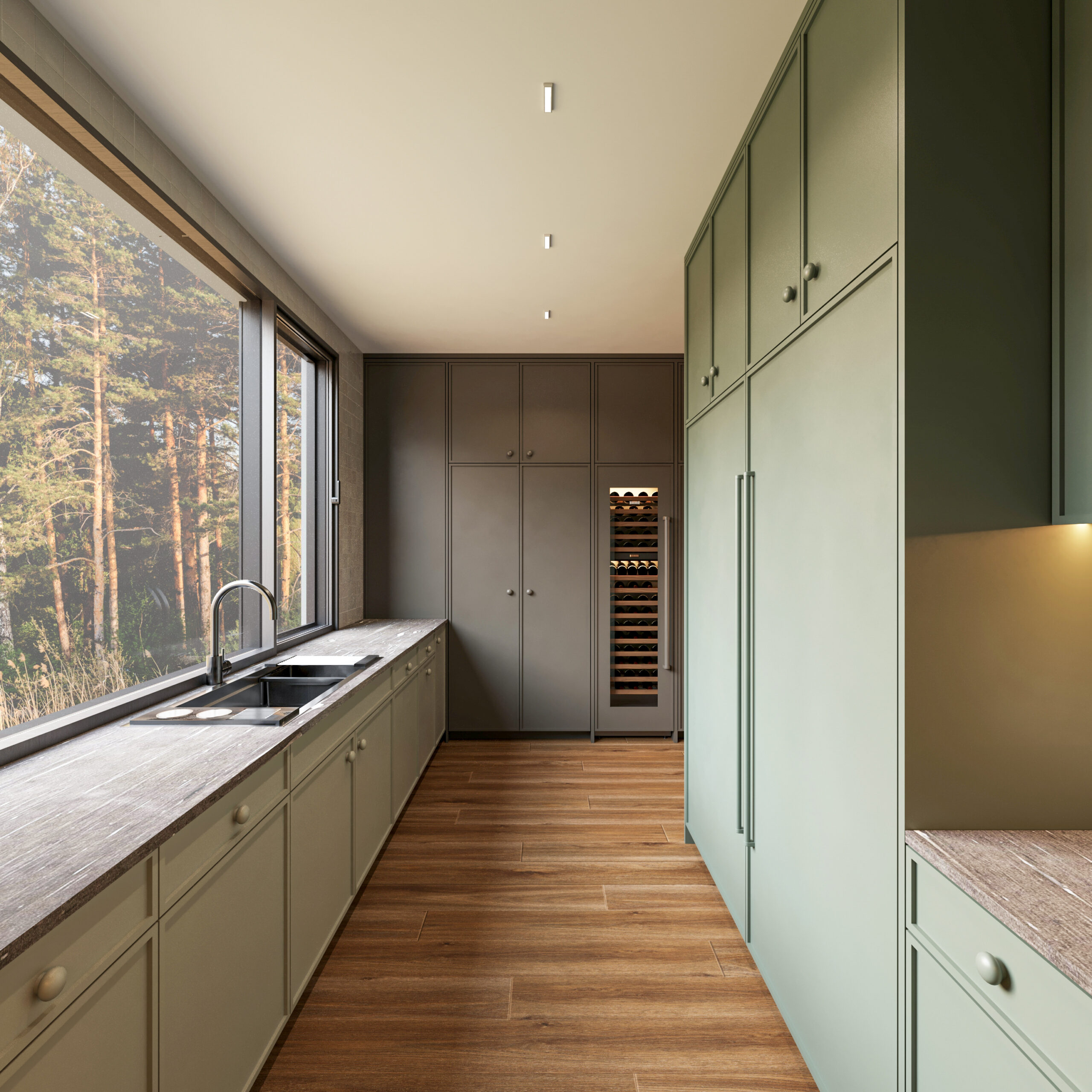 Visualisation 3D cuisine zone préparation fenêtre forêt et cave à vin Pierzo