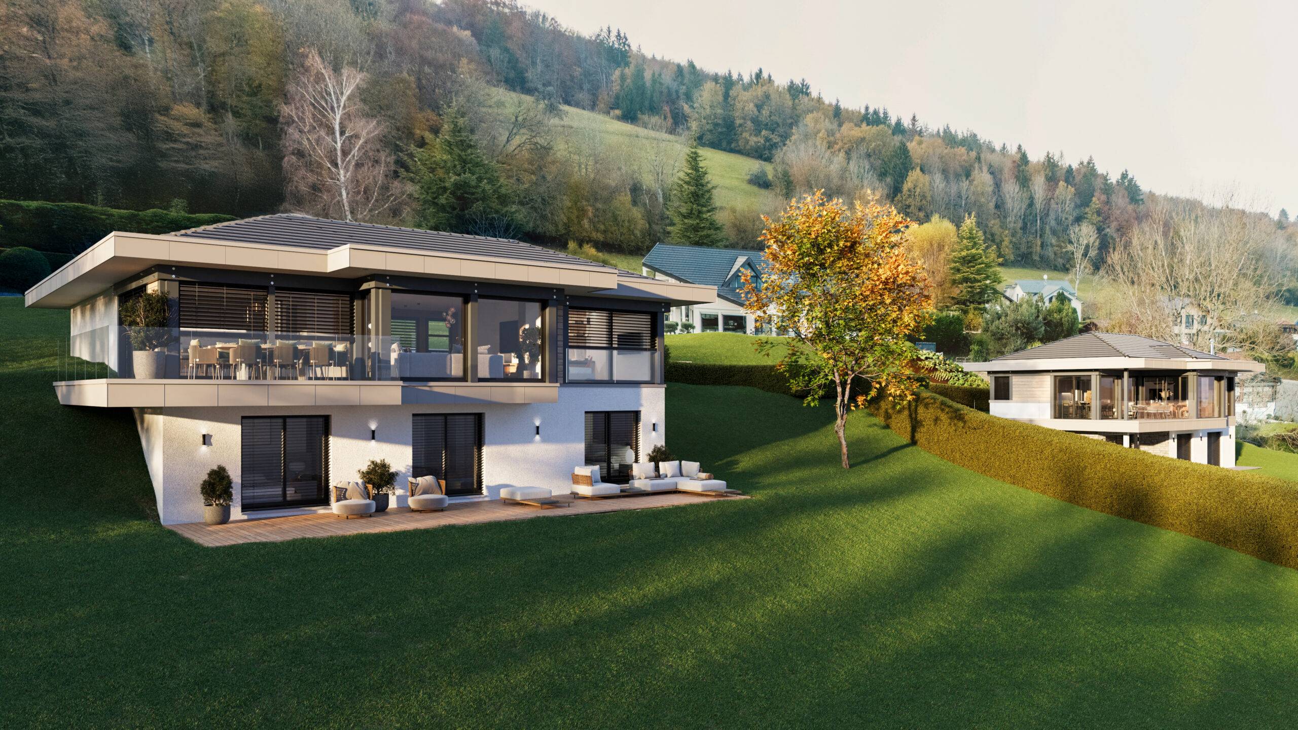 Visualisation promotion immobiliere façades contemporaines terrasses jardin Annecy Pierzo