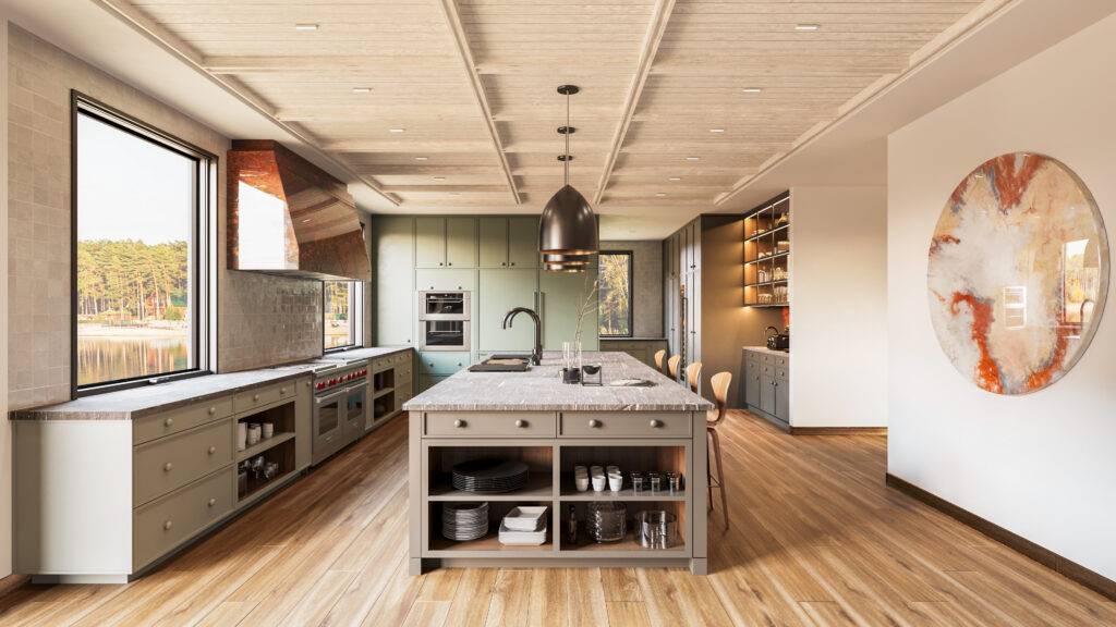 Visualisation 3D cuisine grand îlot pierre et hotte cuivre design Grolle Pierzo