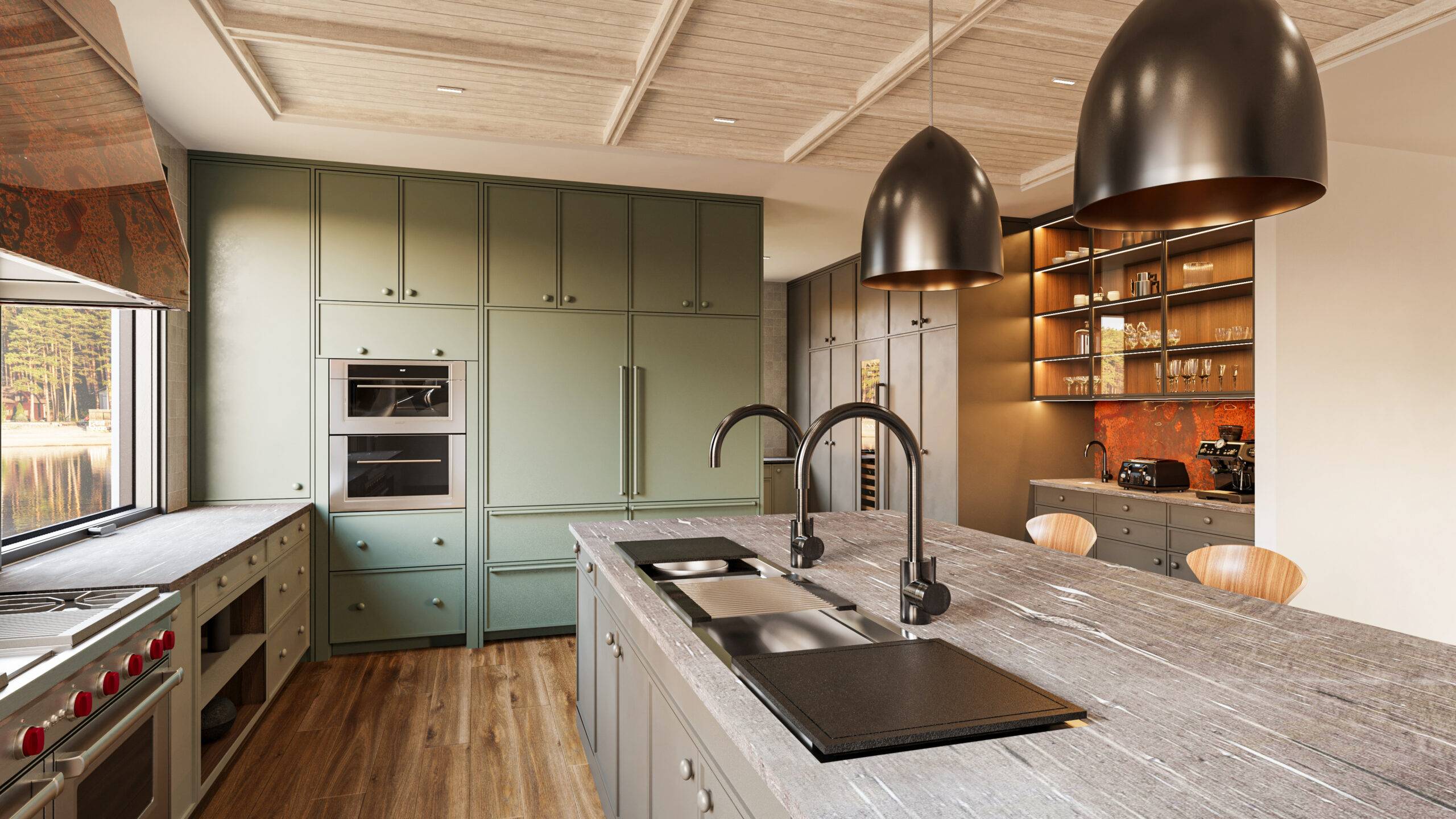 Visualisation 3D cuisine détail robinetterie îlot et espace bar vitré Pierzo