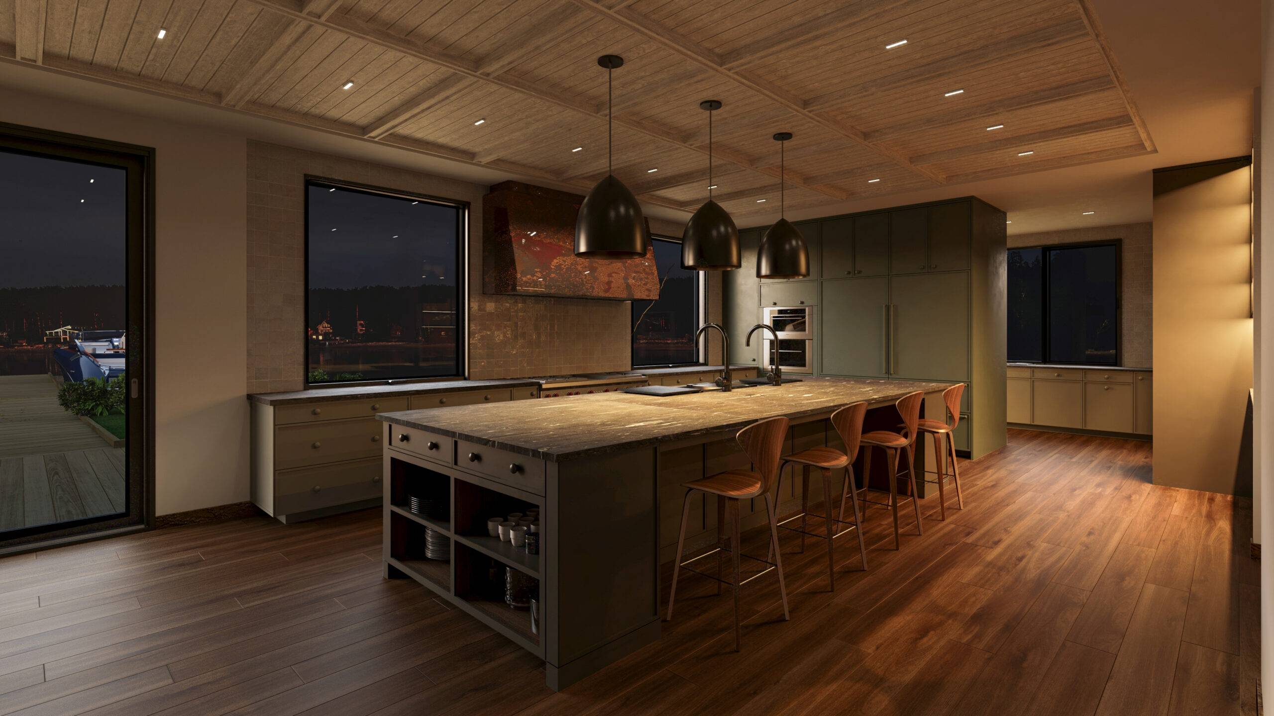 Visualisation 3D cuisine ambiance nuit éclairage chaleureux luminaires suspendus Pierzo