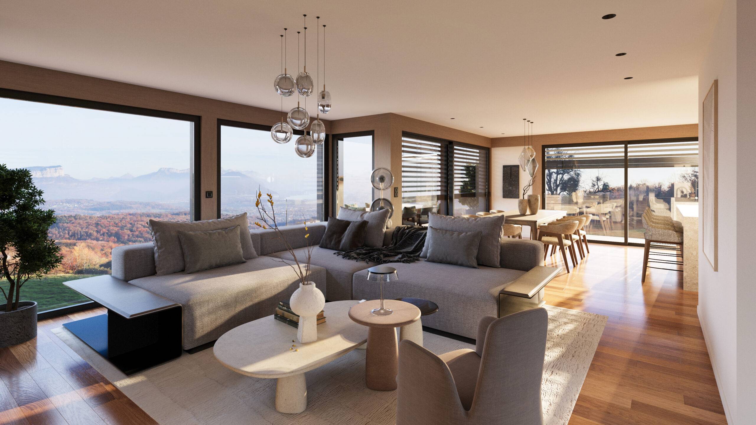 Visualisation promotion immobiliere salon lumineux parquet bois vue montagnes Pierzo