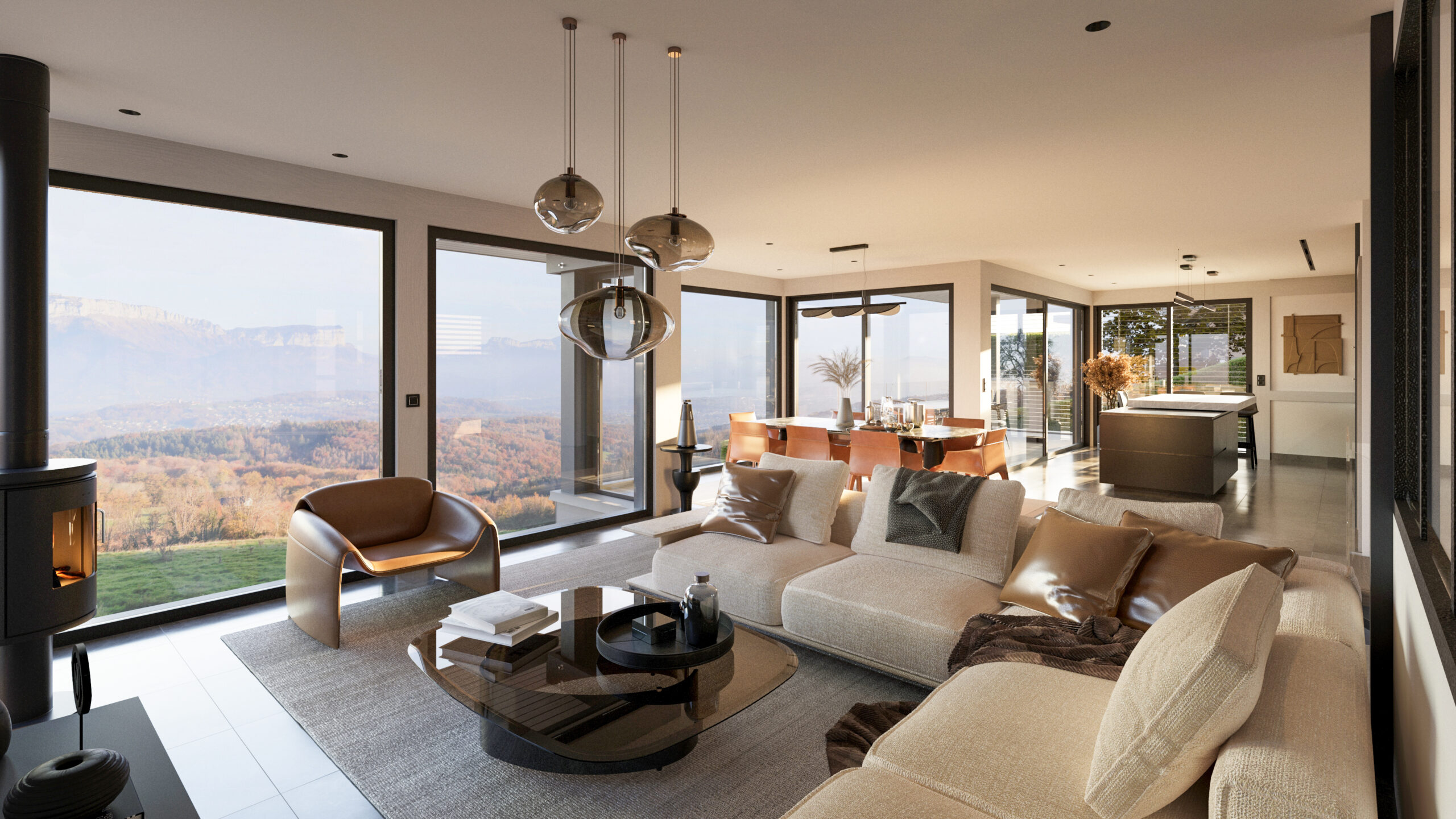 Visualisation promotion immobiliere intérieur luxe cheminée poêle design Annecy Pierzo