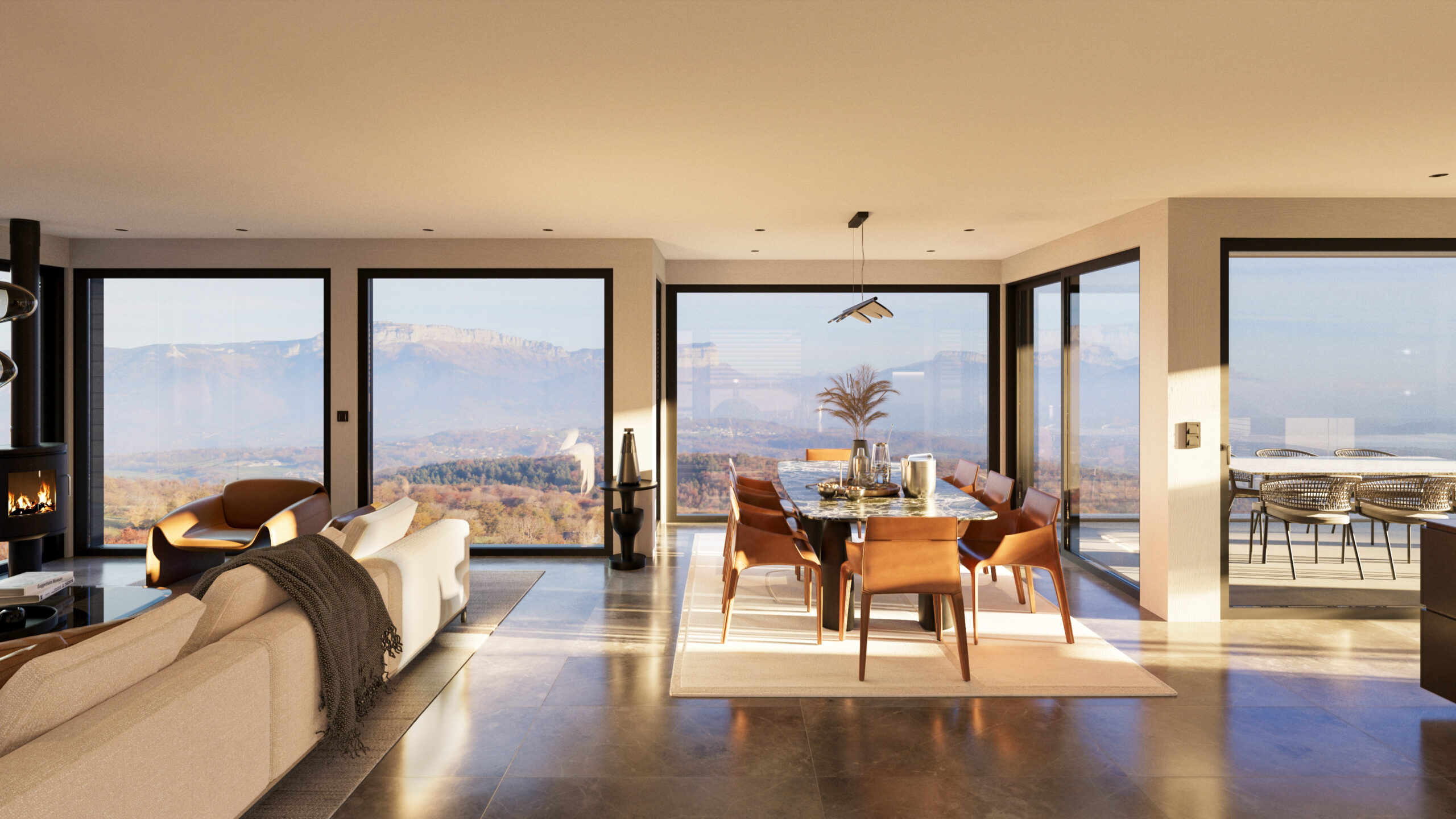 Visualisation promotion immobiliere salle à manger vue lac panoramique Pierzo