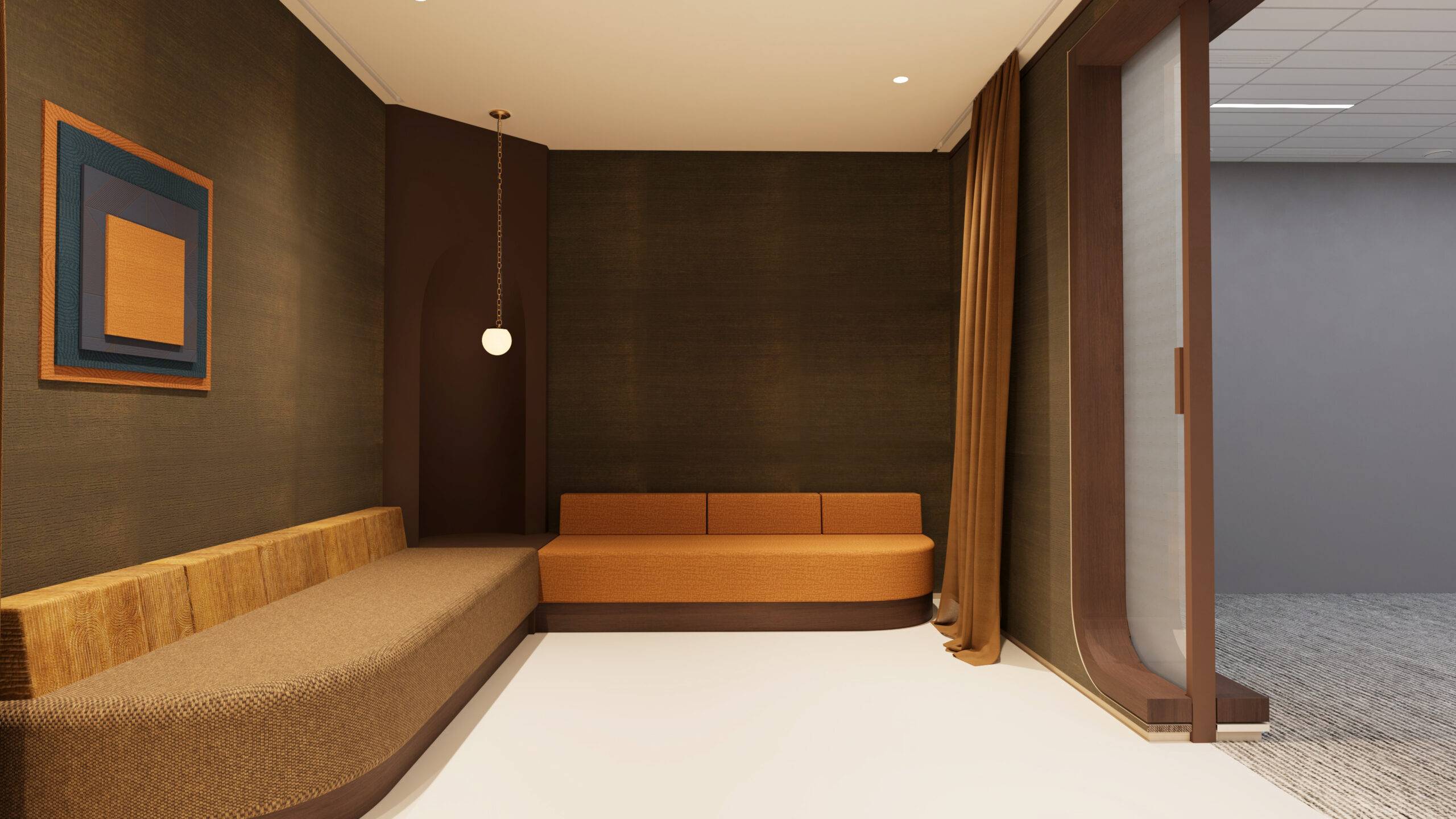 Image de synthèse d'une alcôve entièrement tapissée de matières et papiers peints Élitis, création de retail design 3D par Pierzo.