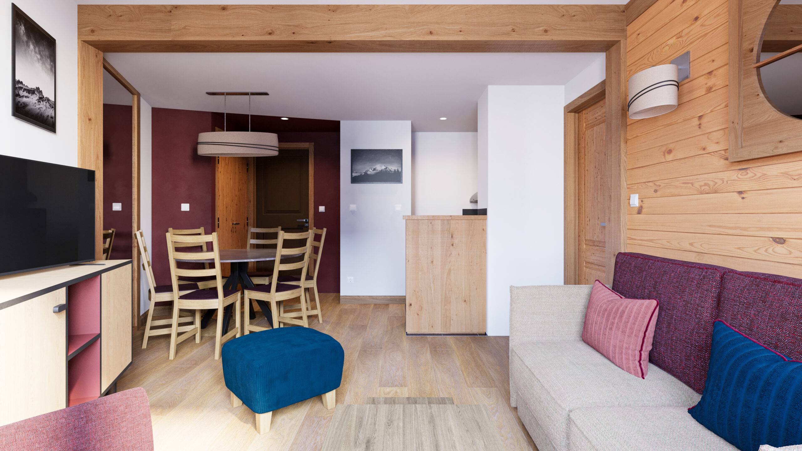 Rénovation intérieure 3D détail coin repas Pierre et Vacances Méribel Studio Brumes