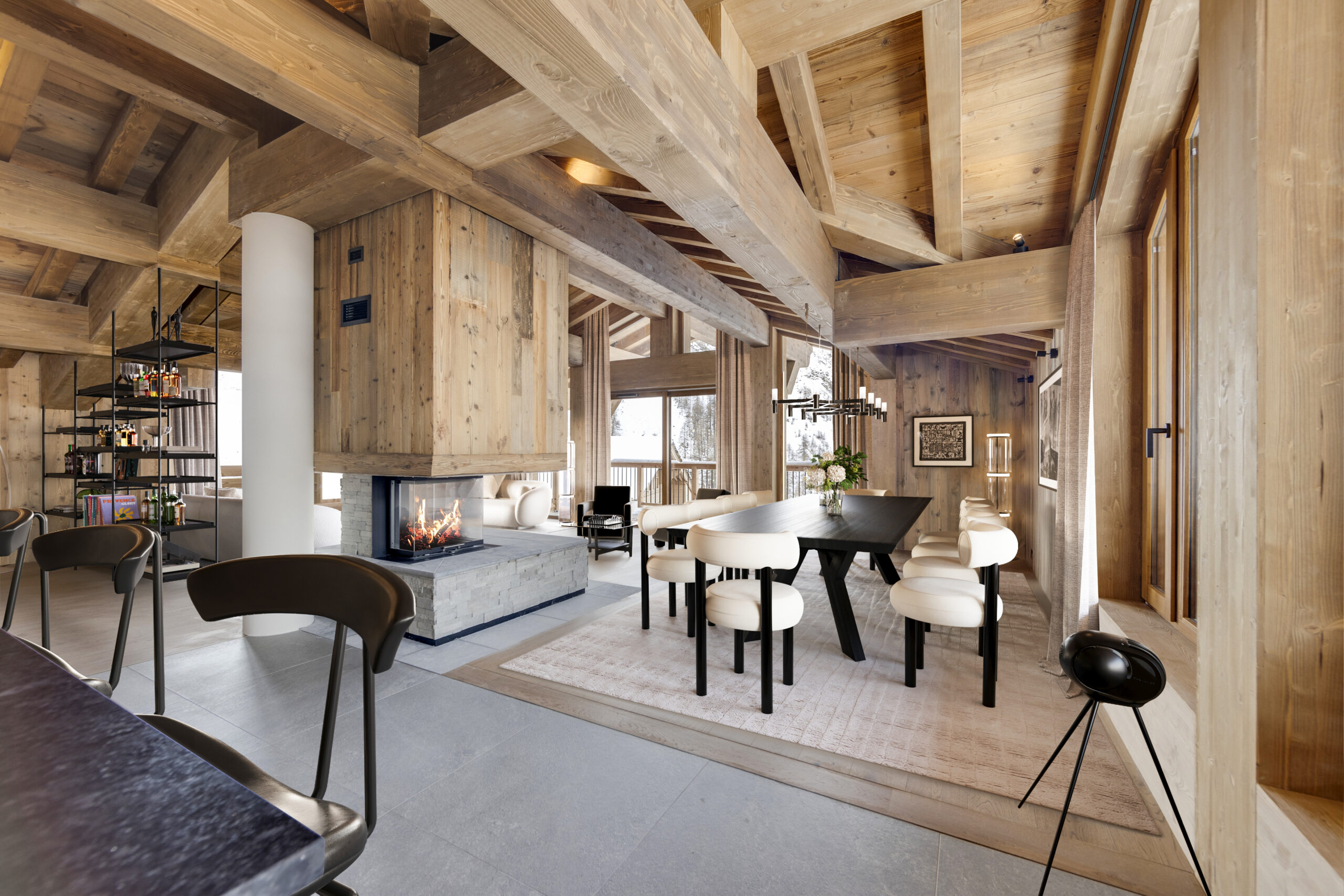 Perspective 3D chalet de luxe réalisée par Pierzo montrant une salle à manger au design Black & White pour un chalet Cimalpes à Val d'Isère.