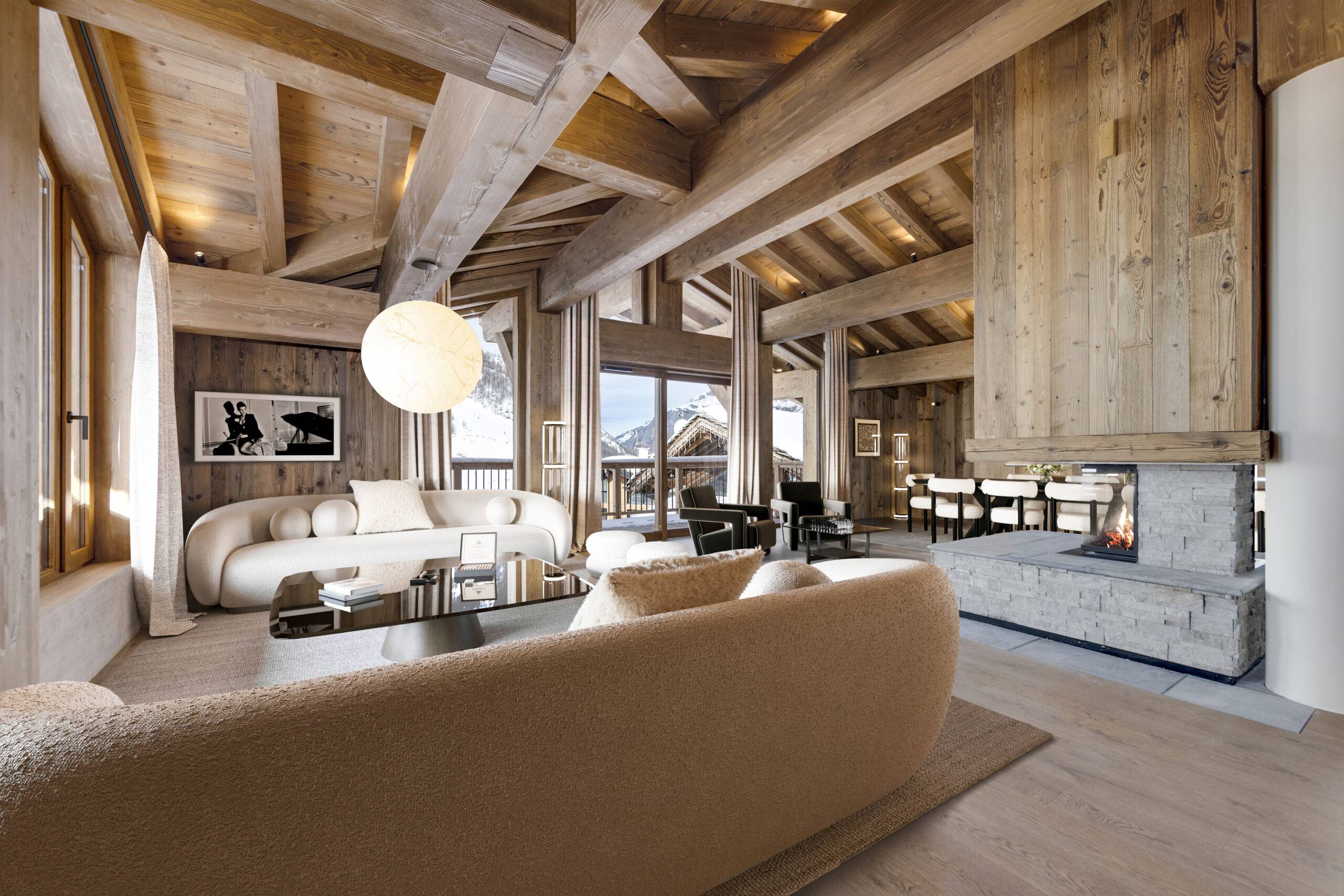 Perspective 3D chalet de luxe du salon avec canapé blanc et mobilier noir, visualisée par Pierzo pour un projet Cimalpes.