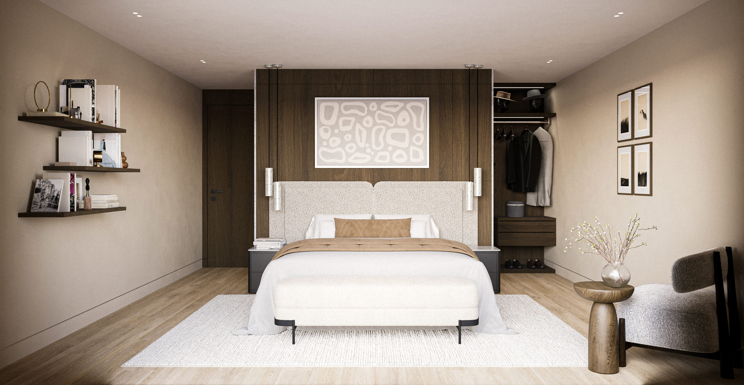 Rendu 3D par Pierzo d'une suite parentale avec dressing sur mesure, détail d'une perspective 3D annecy pour une villa de standing.