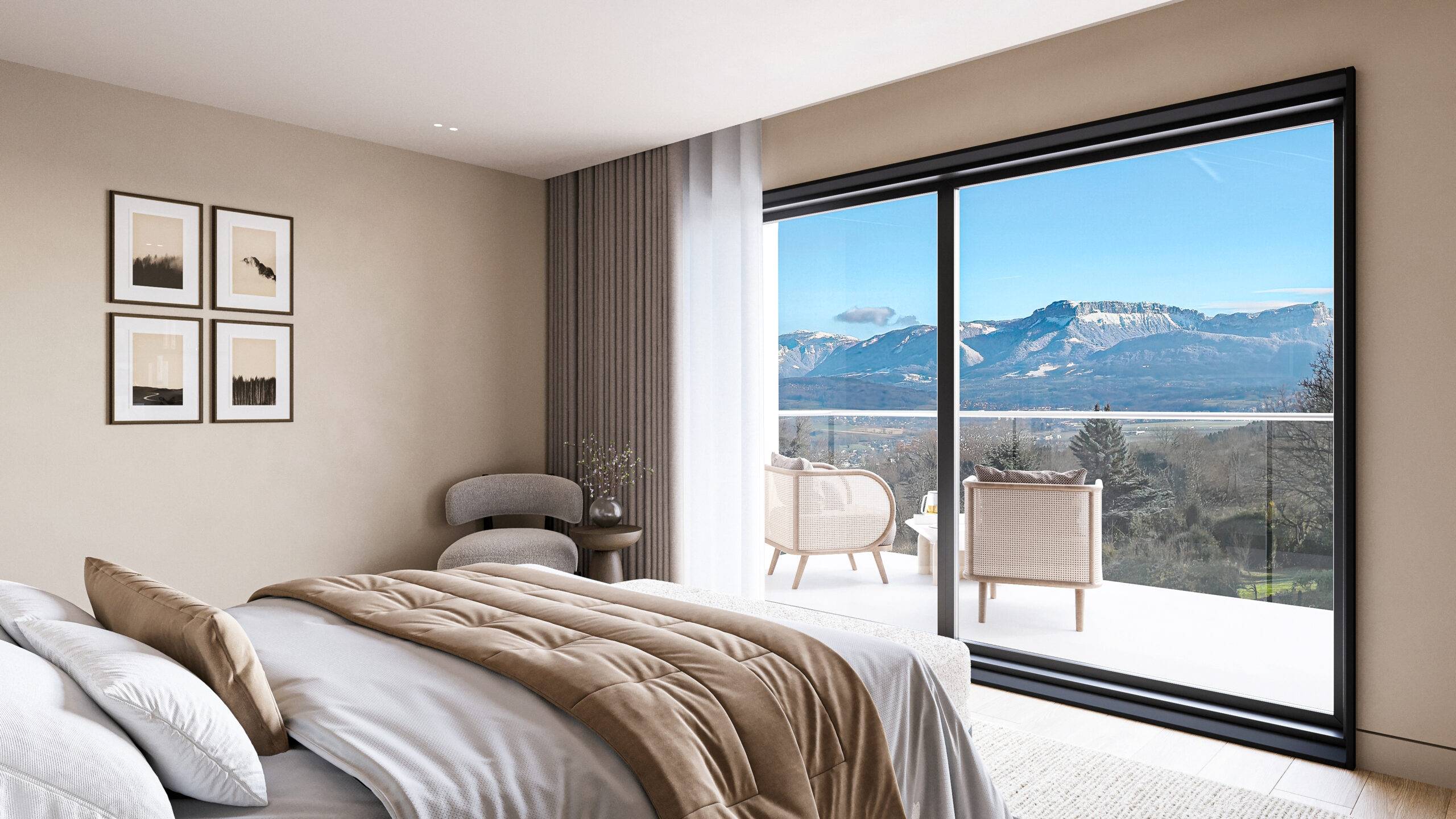Visualisation 3D Pierzo depuis une chambre ouvrant sur une terrasse face au Parmelan, une perspective 3D annecy de prestige.