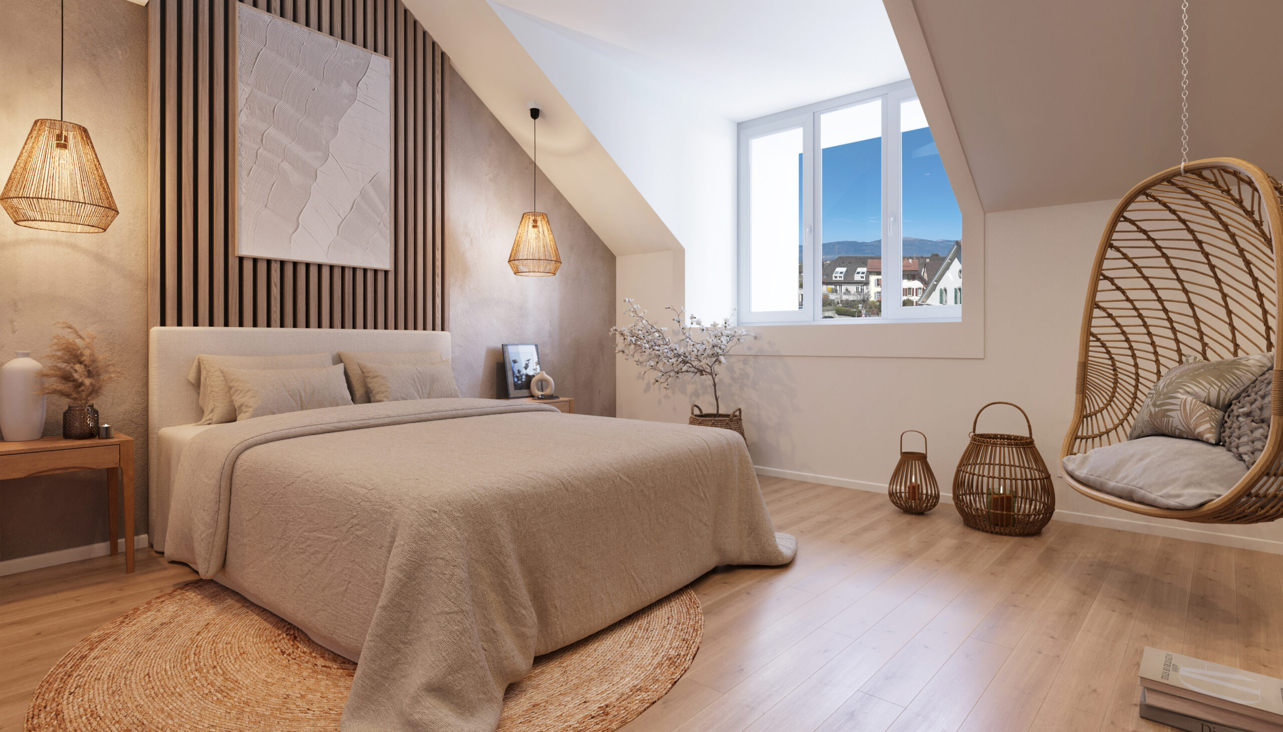 erspective 3D réalisée par Pierzo d'une chambre parentale pour le client R-eal Suisse, projet de promotion immobiliere suisse.