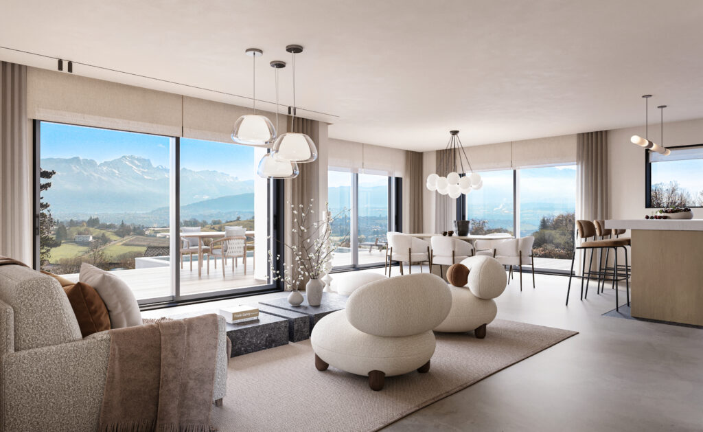 Perspective 3D annecy réalisée par Pierzo d'une grande pièce de vie lumineuse avec vue panoramique sur les montagnes pour le client Histoire Immobilière.