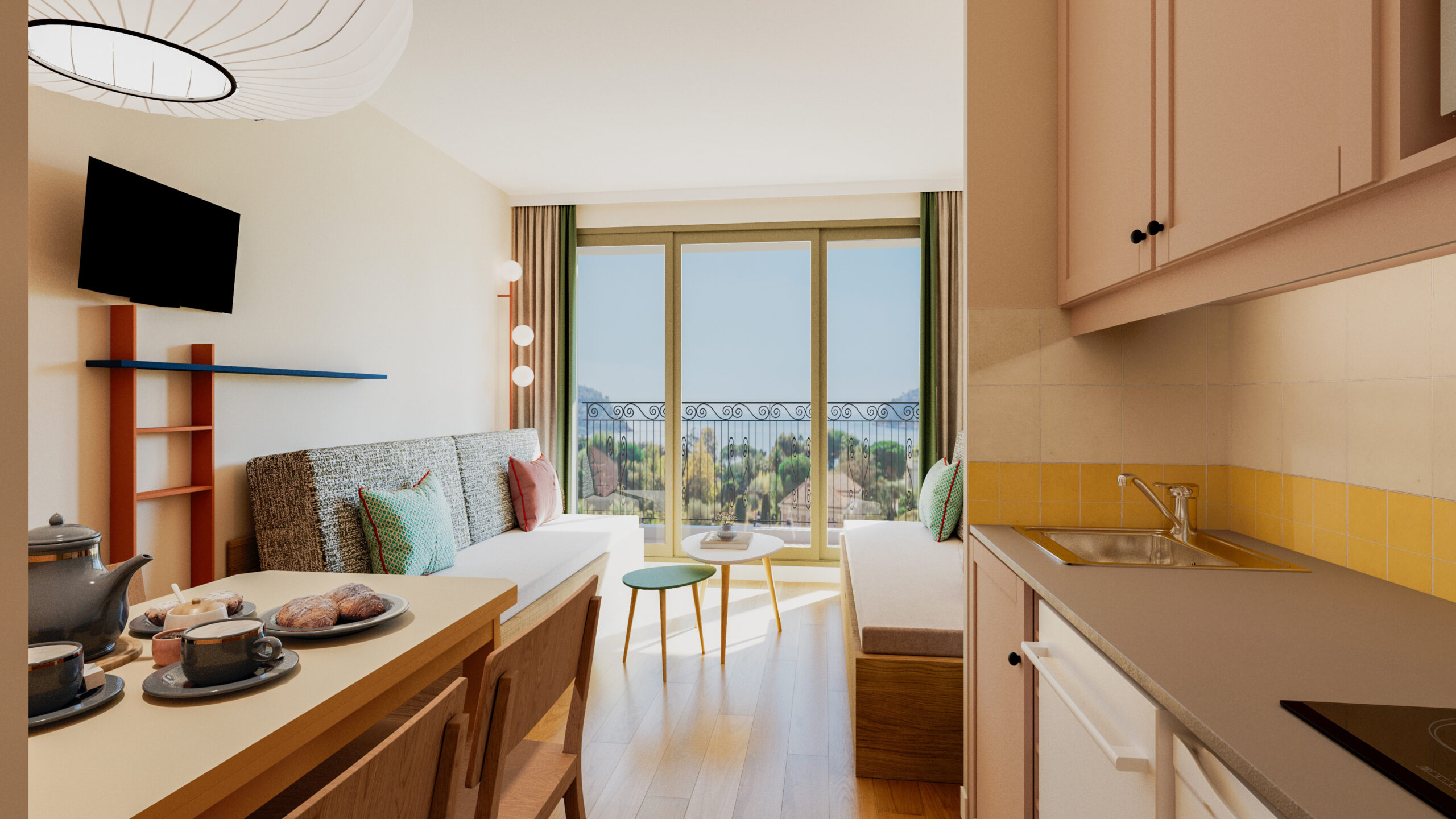 Architecture d'intérieur 3D Studio Brumes pour Pierre et Vacances Villefranche cuisine rose vue mer