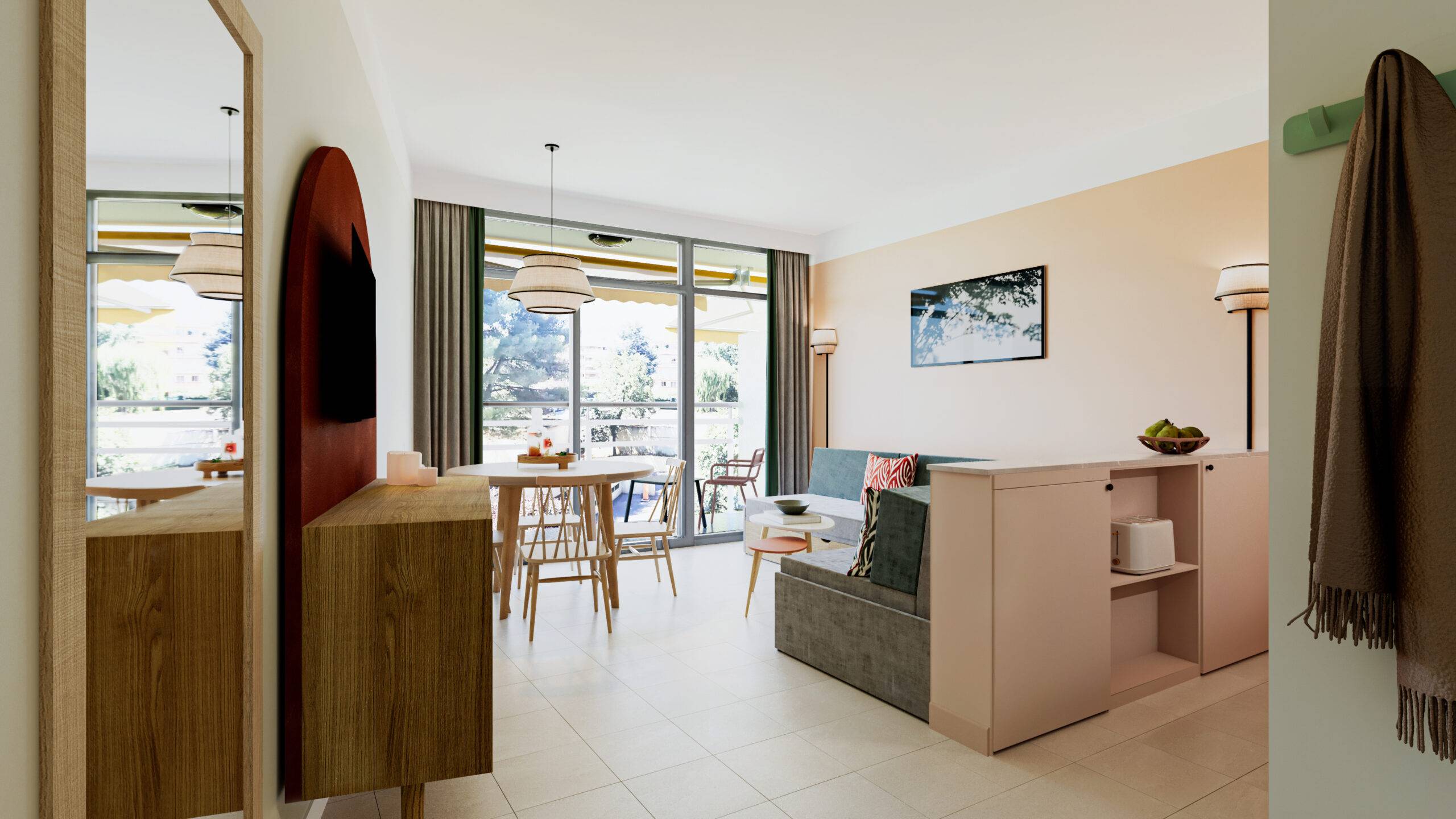 Rénovation appartement 3D Pierre et Vacances Héliotel salon moderne terracotta et vert