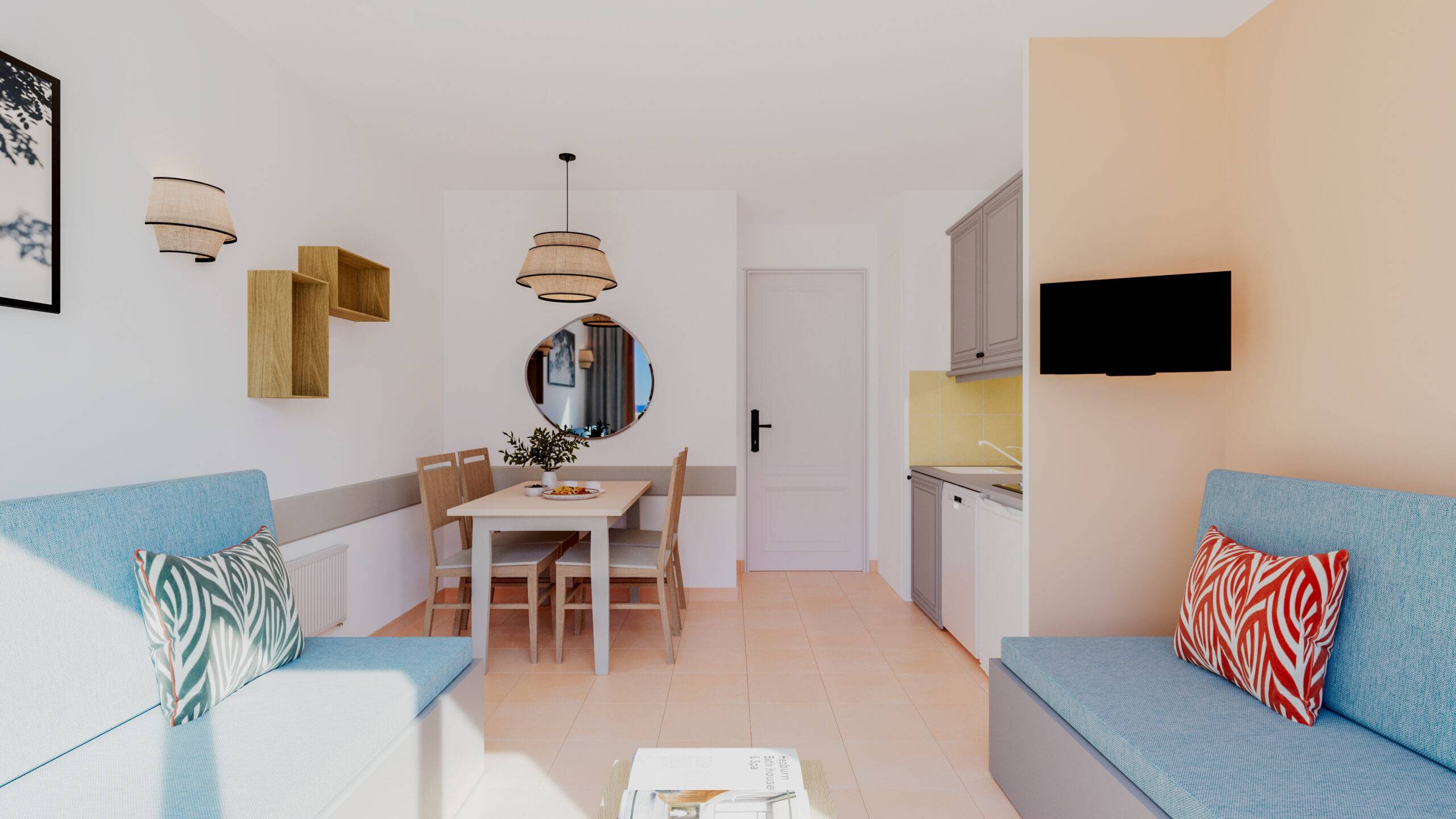 Visualisation 3D appartement Pierre et Vacances coin repas banquettes bleues