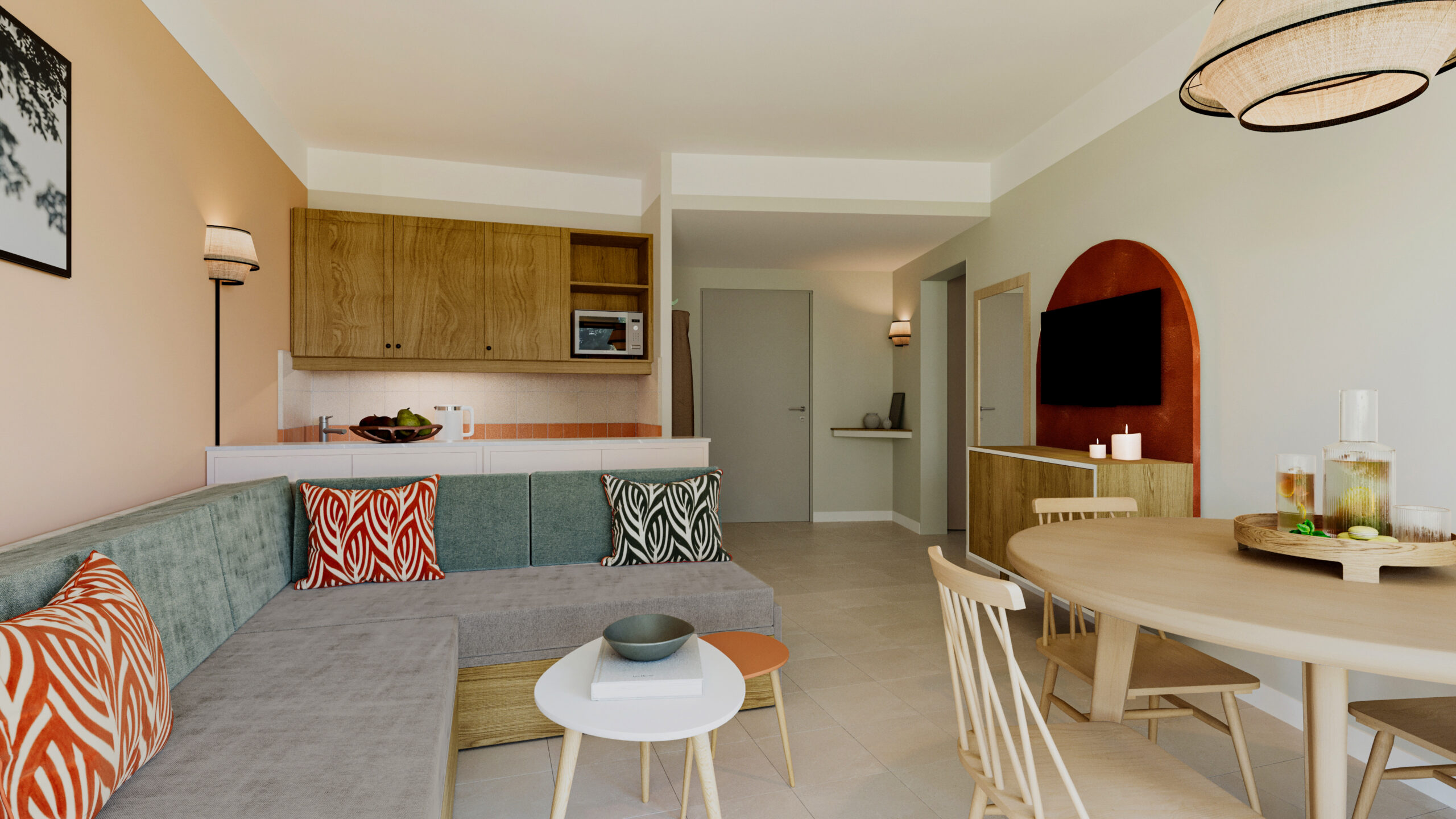 Rénovation appartement 3D détail arche décorative Pierre et Vacances Saint-Laurent-du-Var