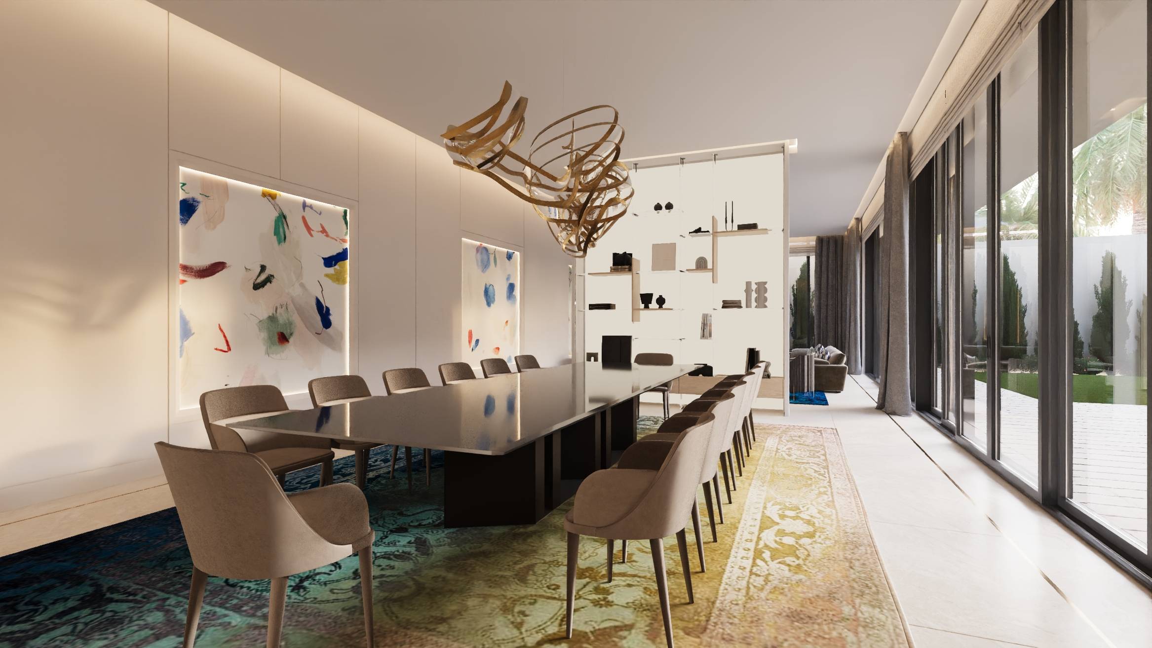 Perspective 3D d'une salle à manger monumentale avec lustre sculptural, un rendu 3D architecture luxe signé Pierzo pour Artenova.